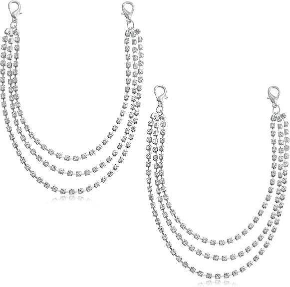 2 Pcs Layered Glitter Rhinestone Shoelace Charms Triple Layers Tassel Crystal Boot Chain with Clasp Sneaker Chain Jewelry Accessories for Women Ladies Christmas Gift, Silver