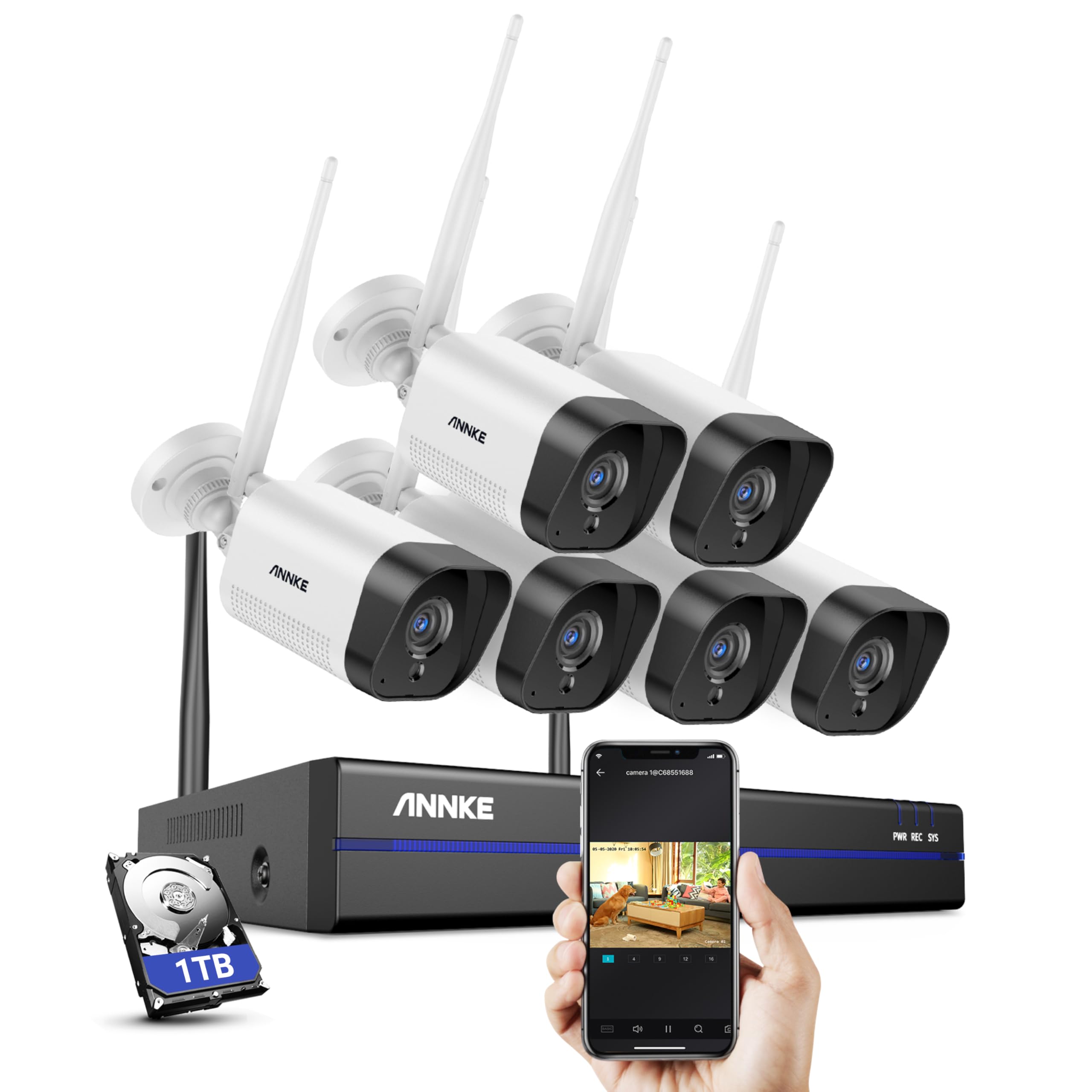 ANNKE Kit Videosorveglianza WiFi 3MP, 10CH NVR 5MP e 6 Telecamere Wireless, Supporta Visione Notturna IR, Audio a 2 Vie, Rilevamento di Persone/Veicoli,Compatibile con Alexa,disco rigido da 1TB