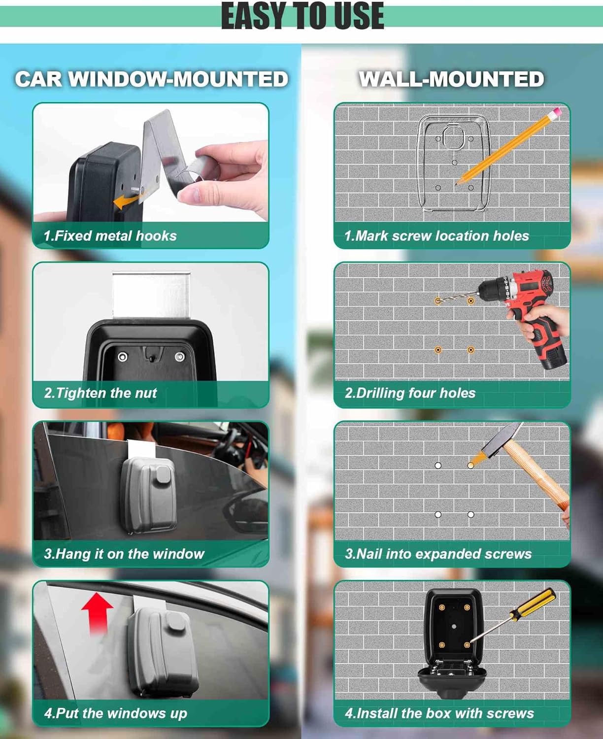 Tevlaphee Car Lock Box Punch Button Combination Car Window Key Safe Box Portable Key Storage Waterproof Security Lock Boxes for Keys,Credit Cards and Cash
