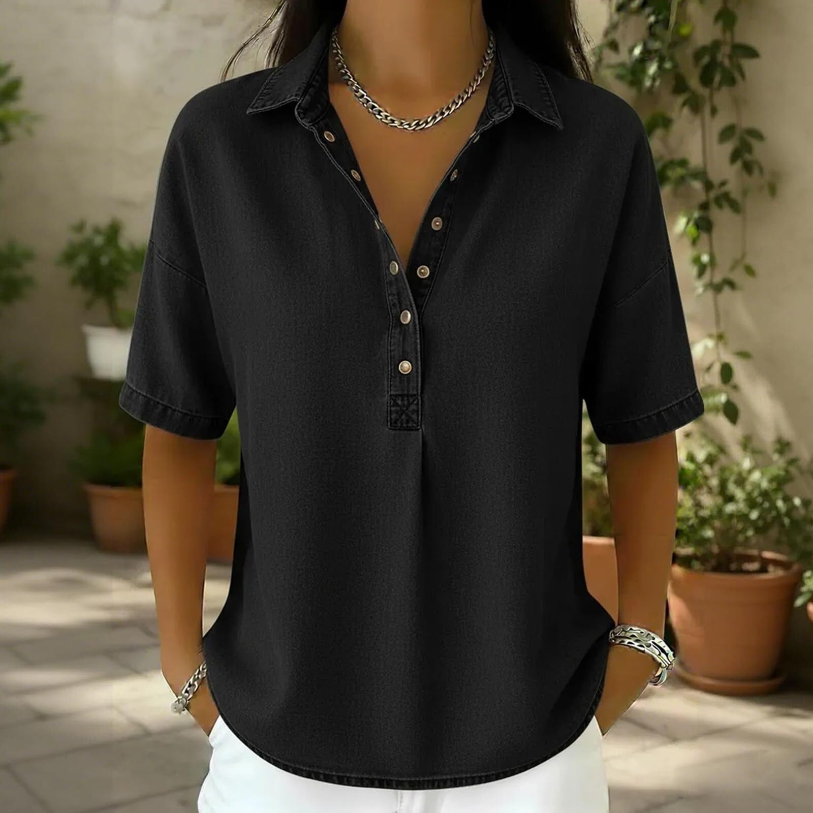 Blusa vaquera para mujer, estilo retro, cuello en V, manga corta, vaquera, holgada, de verano