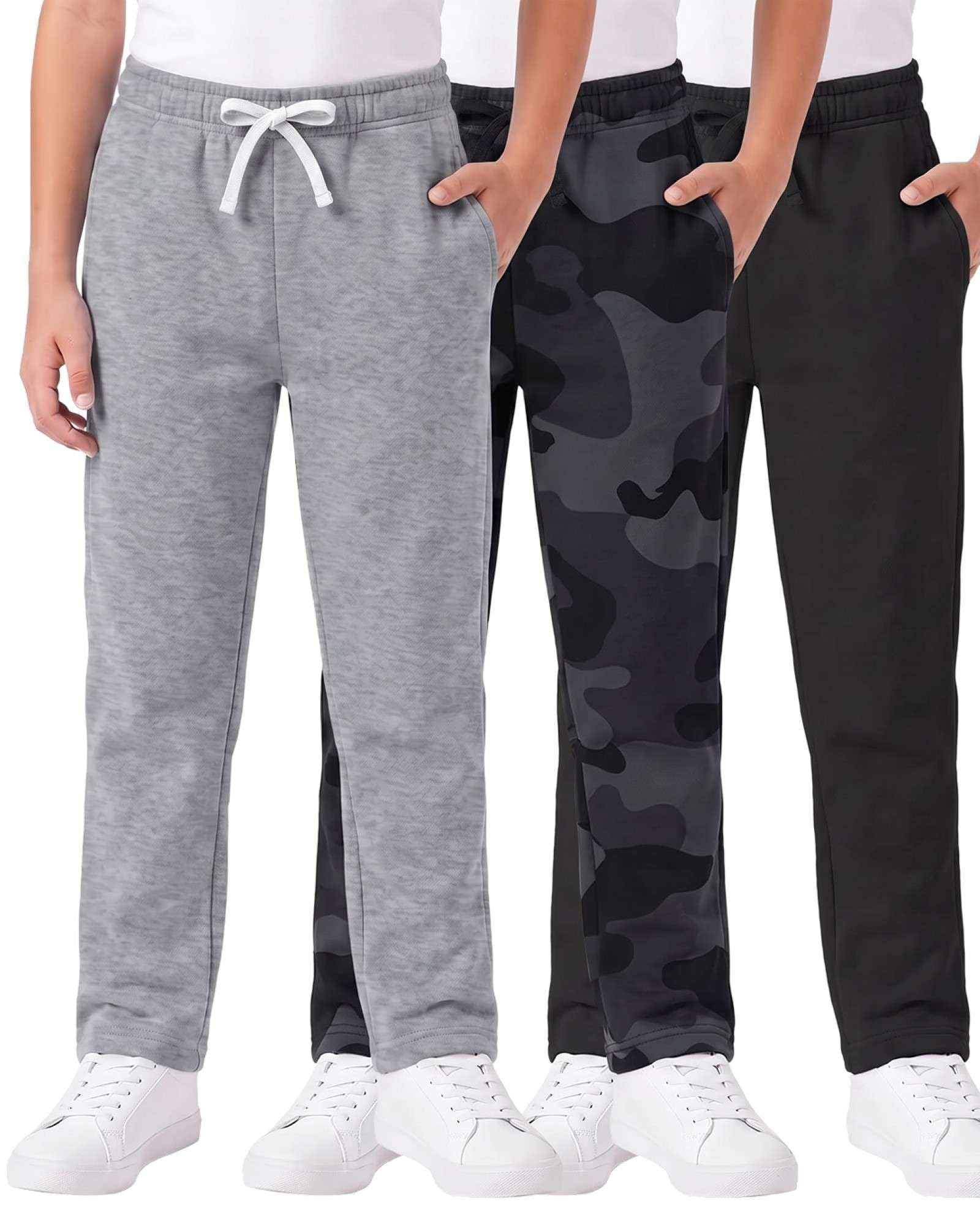 3 Pack Boys' Fleece Sweatpants Open Bottom Athletic Pockets Kids Teen