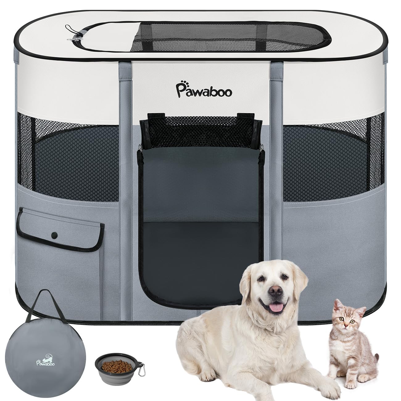 Pawaboo Parc Enclos Pliable Chien Chat, Enclos Intérieur Extérieur Portable, Cage Clôture Tente d'exercice en Tissu Oxford pour Petits Animaux, avec Bol à Nourriture, L, Gris