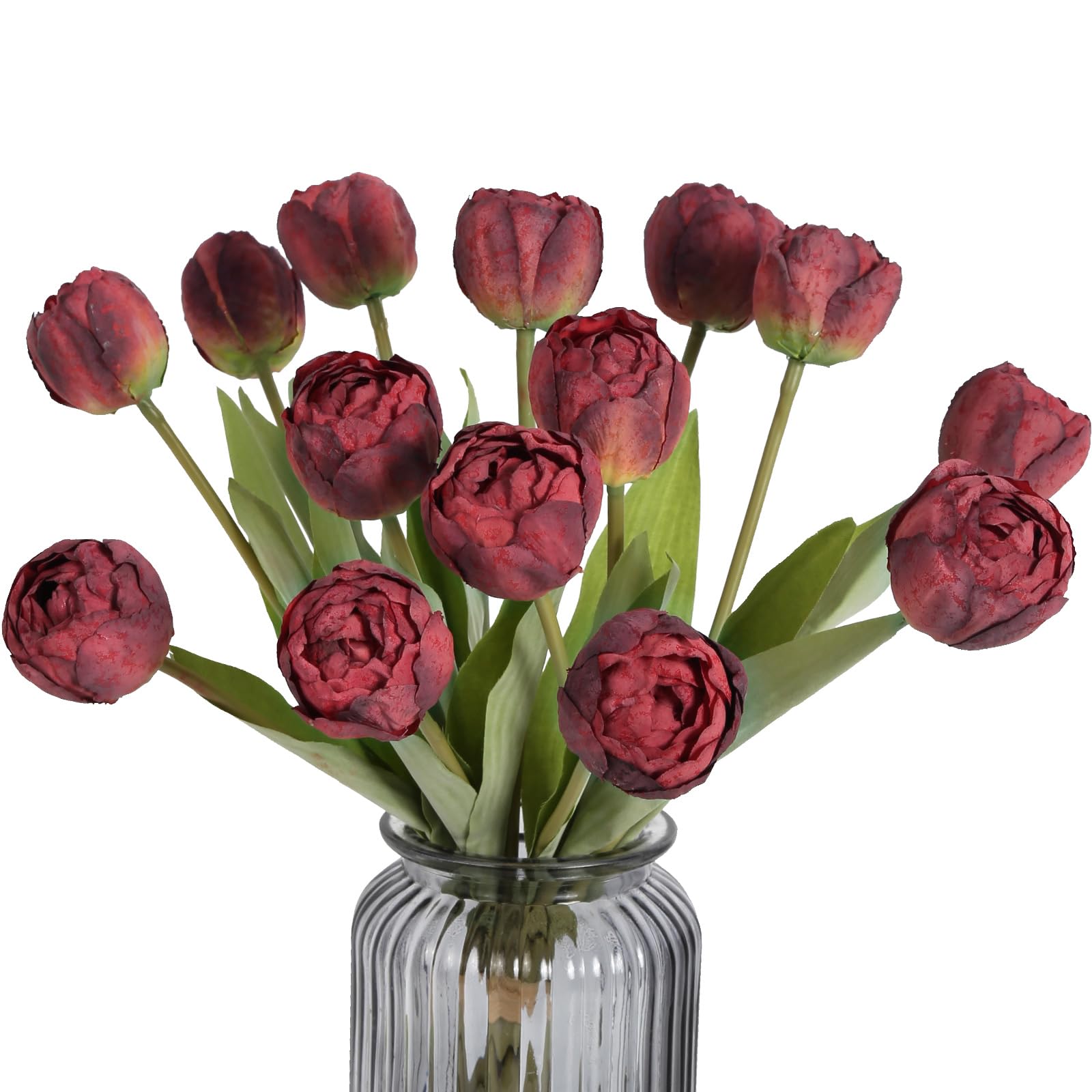 IPOPU Red Tulips Artificial Flowers 2 Bouquets Vintage Red Tulips with 14Heads Silk Flowers with Stems Dried Tulips for Home Table Wedding Bouquet Party Baby Shower Centerpieces Decor (Red)