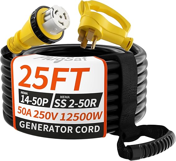 50 Amp Generator Cord, 25FT 50 Amp RV Extension Cord with Twist Lock, Generator Cable 50A 4 Prong Yellow, NEMA 14-50P/SS2-50R Heavy Duty STW Wire for RV Camper & House