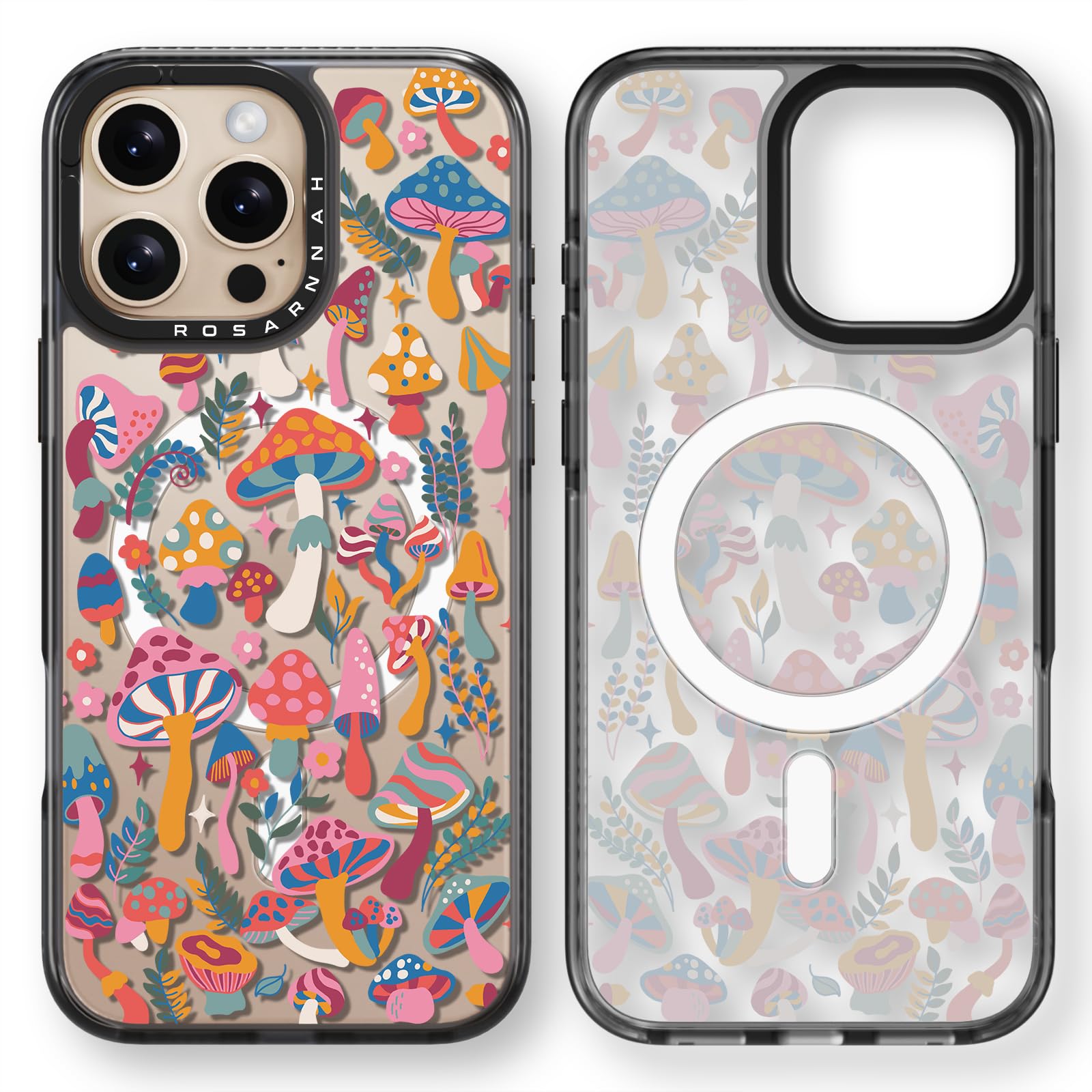 Rosarnnah Magnetic for iPhone 16 Pro Max Magsafe Case Cute - Durable Shockproof 6.6 ft Drop Impact Phone Case - Black Funny Mushroom Jungle Design for