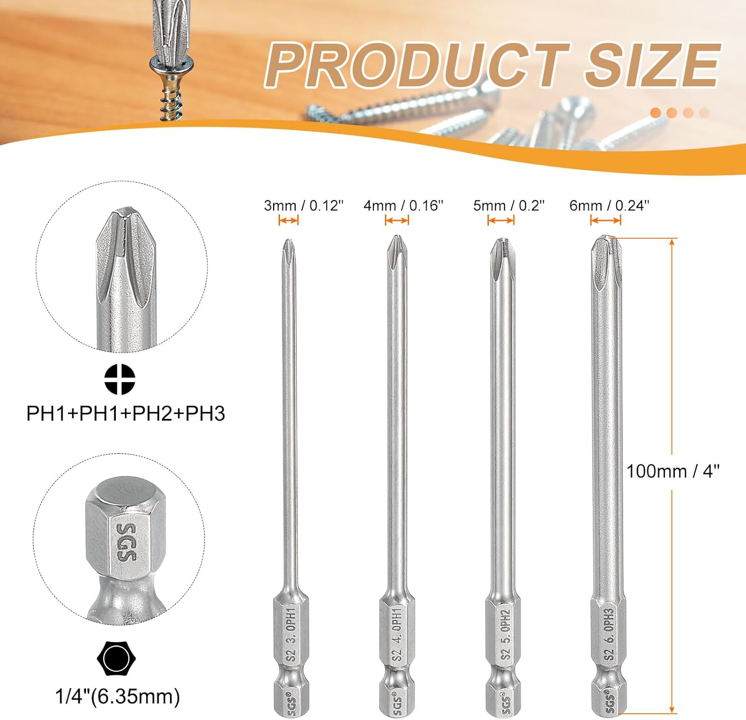HARFINGTON 4pcs #1/2/3 Phillips Screwdriver Bit PH1+PH2+PH3 1/4" Hex Shank 4" (100mm) Long 0.12/0.16/0.2/0.24" Rod Magnetic Cross Head Drill Bits S2 Steel Industrial Screw Driver for Drills