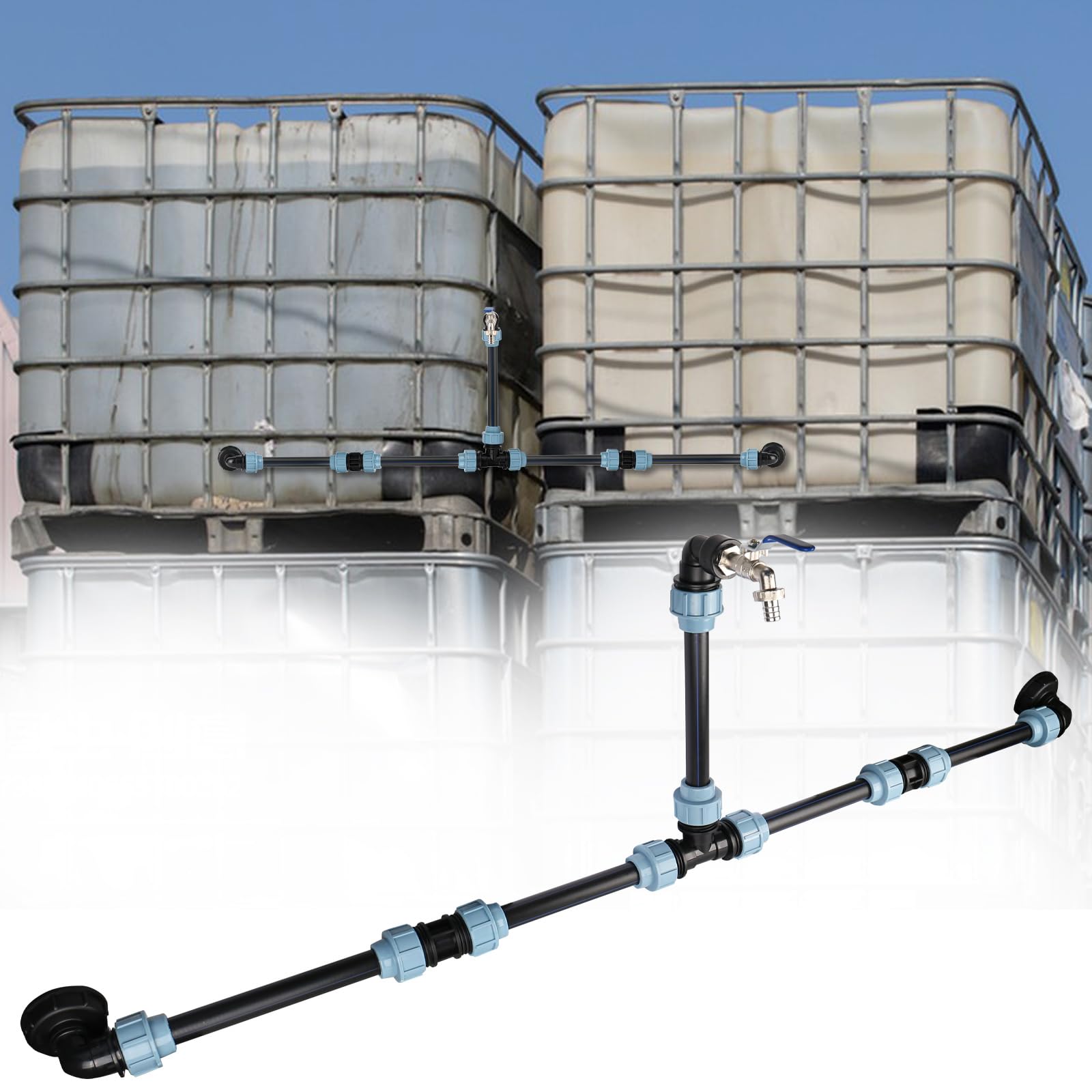 Ibc adapter z mosiężną łabędzią szyją, kran S60 x 6, kurek odcinający 3/4 cala, do 2 zbiorników IBC obok siebie/zbiorników na deszczówkę w zestawie, akcesoria do zbiornika IBC, zbiornik na wodę