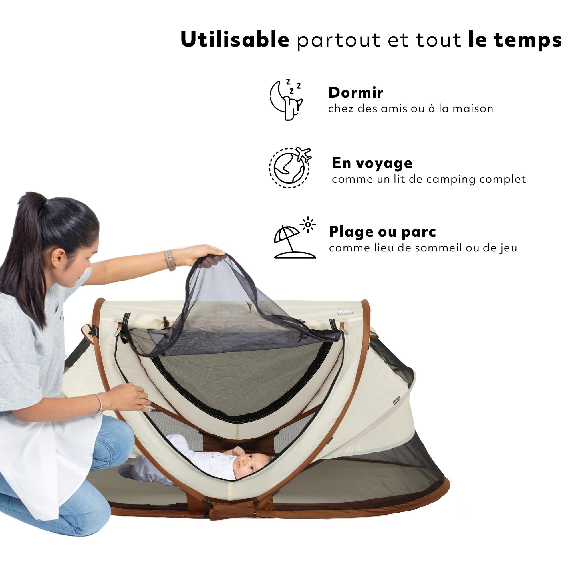 Deryan Lit de Voyage pour Petits Enfants avec Matelas, Lit bébé de la Naissance Jusqu’à 4,5 Ans, Pop Up Tente pour Bébé Montée en 2 Secondes, Moustiquaire & Sac de Voyage Inclus, Facile à Plier, Sable