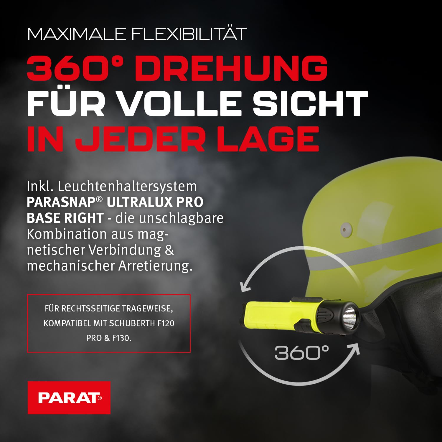 PARAT PARALUX® PX1 FEUERWEHR Set für Schuberth F120 Pro/F130 Rechts | LED Arbeitsleuchte mit 120 Lumen | EX-geschützte LED Taschenlampe | Wasserdichte Helmlampe | inkl. Batterien, Adapter & Halterung