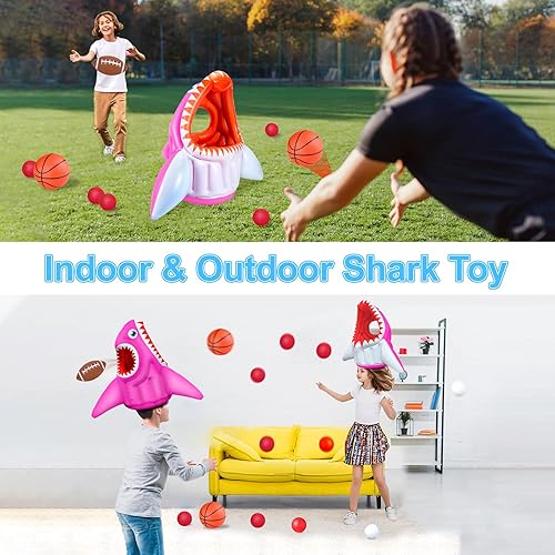 Miniatura 4 de Juguete inflable de tiburón para piscina para niños de 4 a 8 años o más, divertidos juegos de agua 3 en 1, aro de baloncesto flotante, fútbol y
