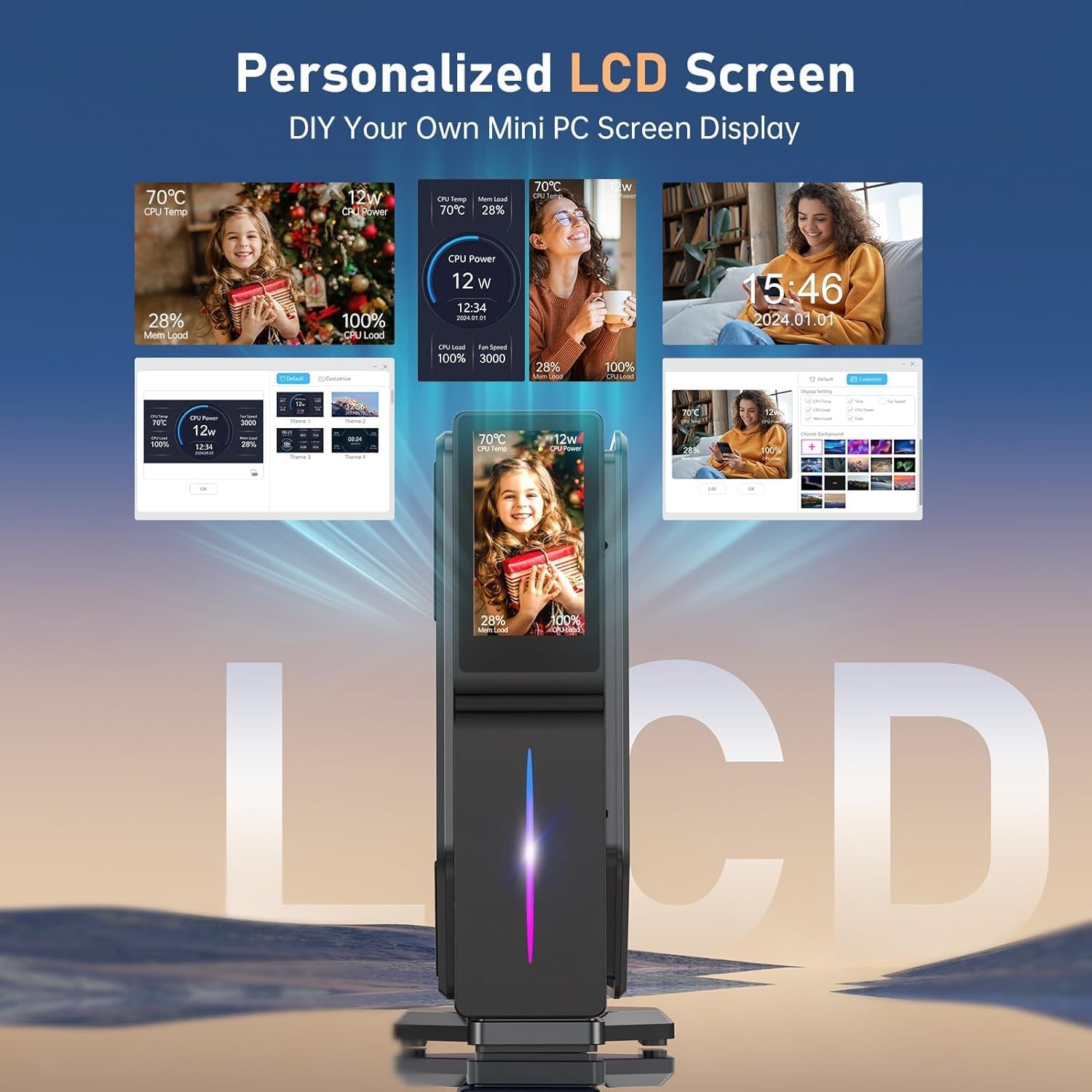 ACEMAGIC Mini PC N100 S1 com tela LCD DIY, 16GB DDR4 512GB M.2 SSD