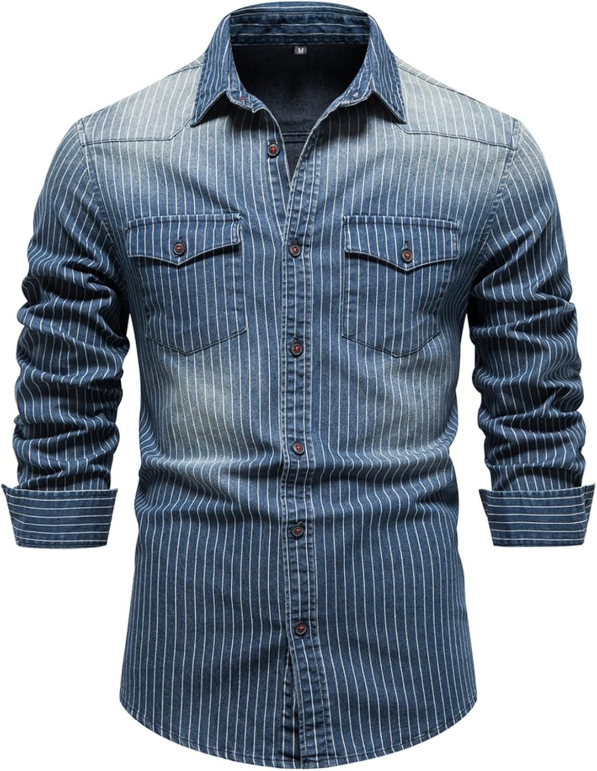Kissonic Mens Denim Shirt Long Sleeve Slim Fit Jean Shirt for Men Button Down Causal Striped Denim Shirts