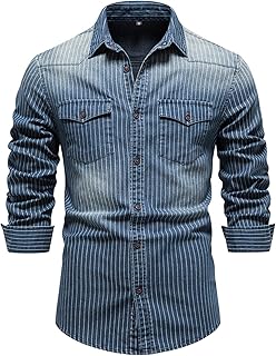 Kissonic Mens Denim Shirt Long Sleeve Slim Fit Jean Shirt for Men Button Down