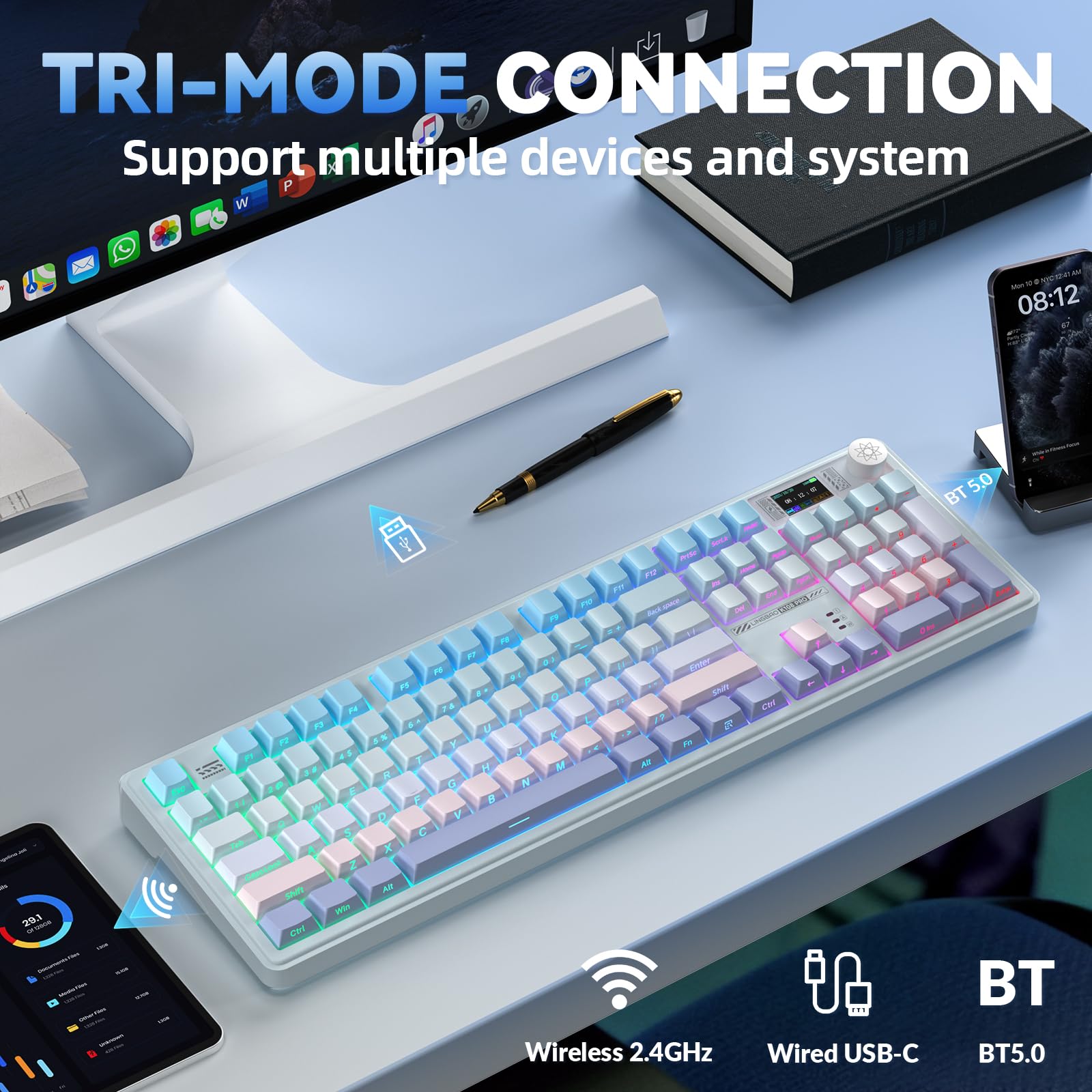 LINGBAO K108 Pro Tastiera meccanica wireless con schermo e manopola, tastiera cremosa sostituibile a caldo di dimensioni standard, batteria da 10000 mAh, tastiera PBT stampata laterale