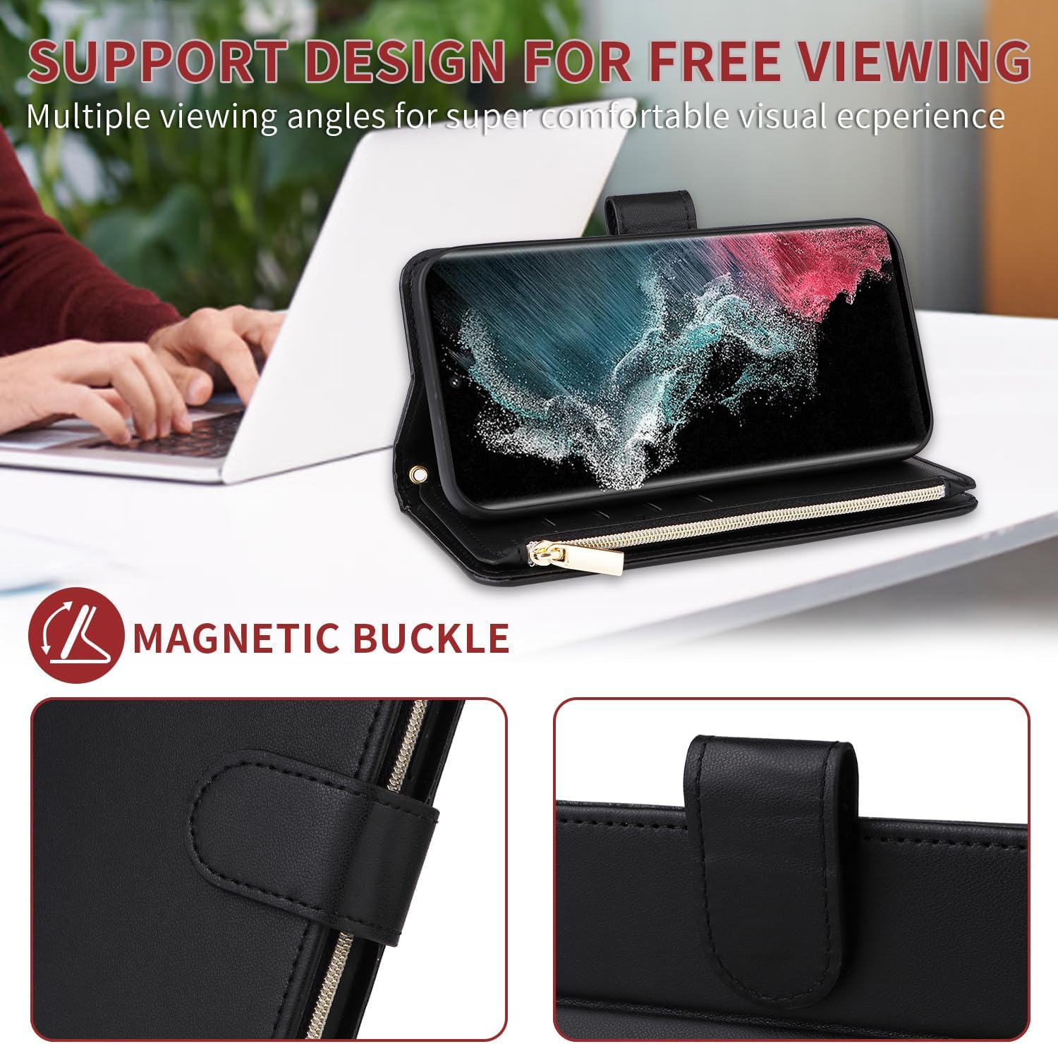 Wallet Case for Samsung Galaxy S22 Ultra 5G Wrist Strap Shoulder Strap Zipper Flip Purse Card Holder Slots Protector Stand Accessories Phone Cover S22ultra 22S S 22 S22ultra5g 6.8 Girls Black image 4
