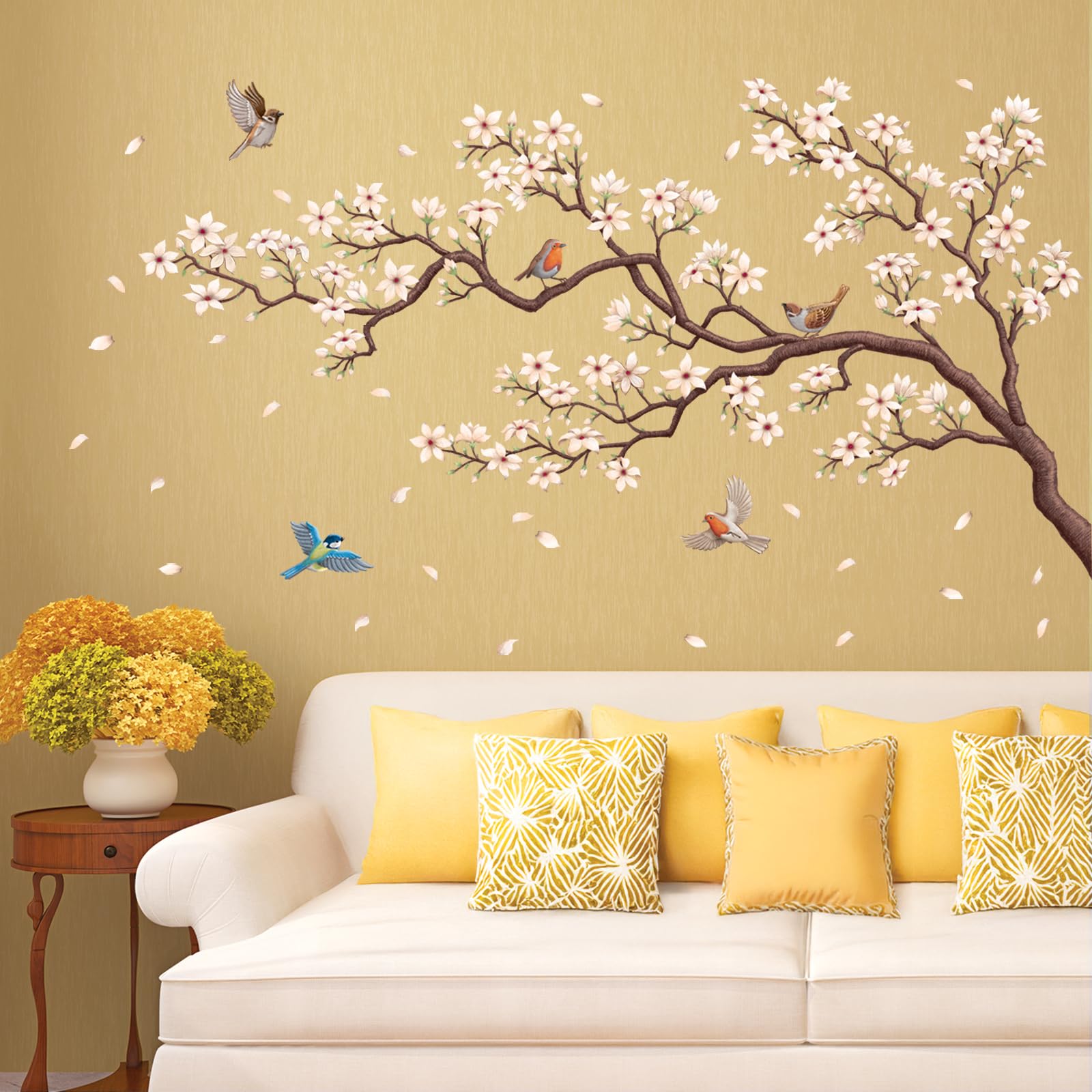 Decowall Medium B White Blossom & Birds Wall Stickers Flower Branch Wall Decals Peel And Stick Removable For Living Room, Office Home Décor(Sg2-2509)