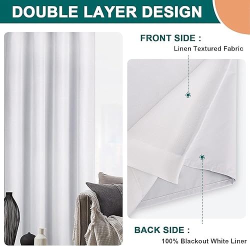 Miniatura 4 de Diraysid Cortinas 100% opacas de lino blanco para dormitorio, con ojales, aislamiento térmico, cortinas de oscurecimiento de habitación (2 paneles,