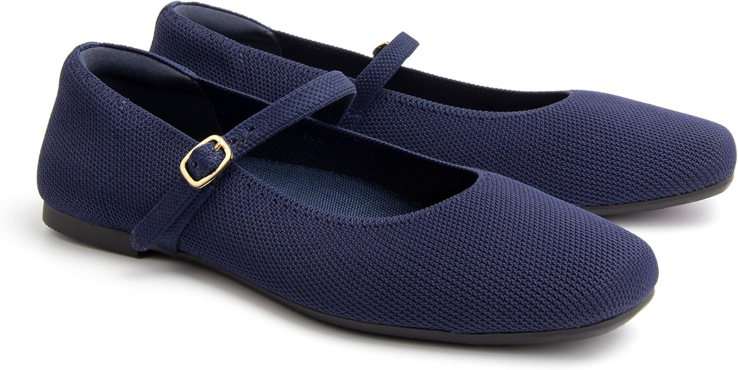 Square Toe Mary Jane Flats for Women Dressy Comfortable Knit Ballet Flat Adjustable Strap for Work - Image 7
