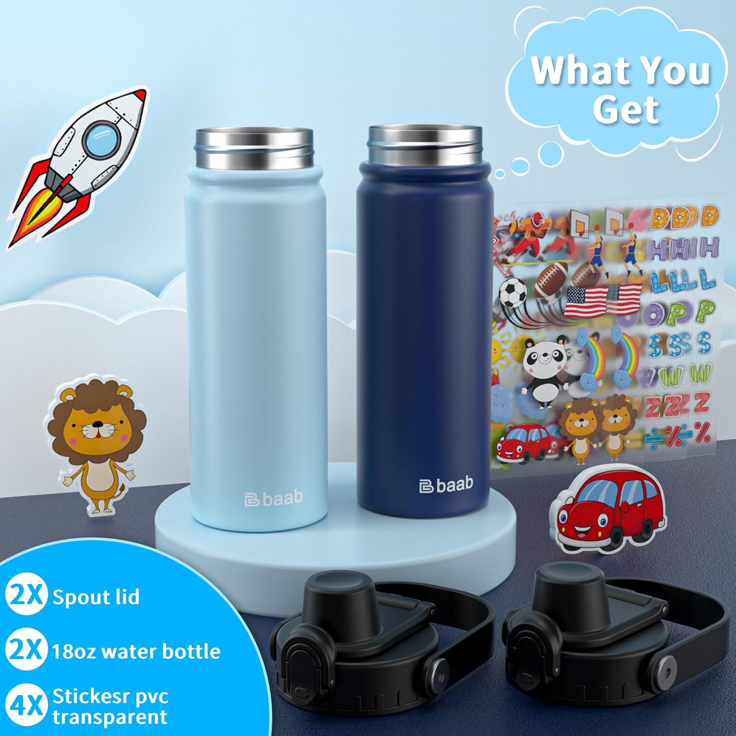 baab 18oz Kids Water Bottle, Insulated Kids Water Bottle with Lockable Spout Lid & Stickers, 18/8 Stainless Steel Vacuum Leakproof Kid Water Cup with Handle for School (Navy Blue+Light Blue, 2 Pack) - Image 6