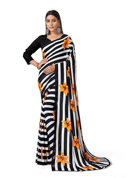 TTH Women&#39;s Georgette Black &amp; White Striped Saree Zebra Style Printed with Blouse Piece
