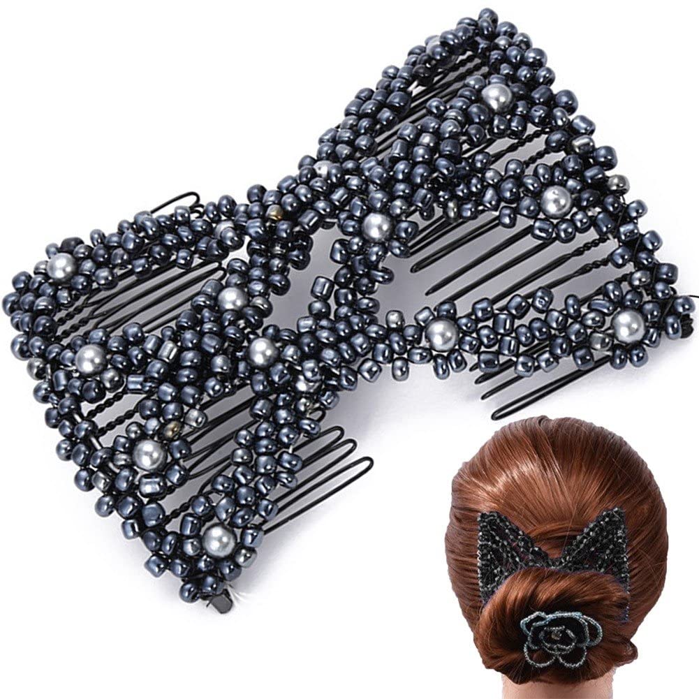 Sanfly Beaded Hair Combs Stretchy Hair Comb Elastic Comb Double Hair Combs Clips Stretchy for Women Hair Accessory Diy Tool