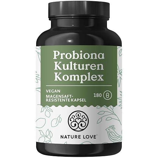 NATURE LOVE® Probiona Komplex - 20 Bakterienstämme + Bio Inulin - 180 magensaftresistente Kapseln - 2X hochdosiert: 20 Mrd KBE je Tagesdosis - Vegan, in Deutschland produziert