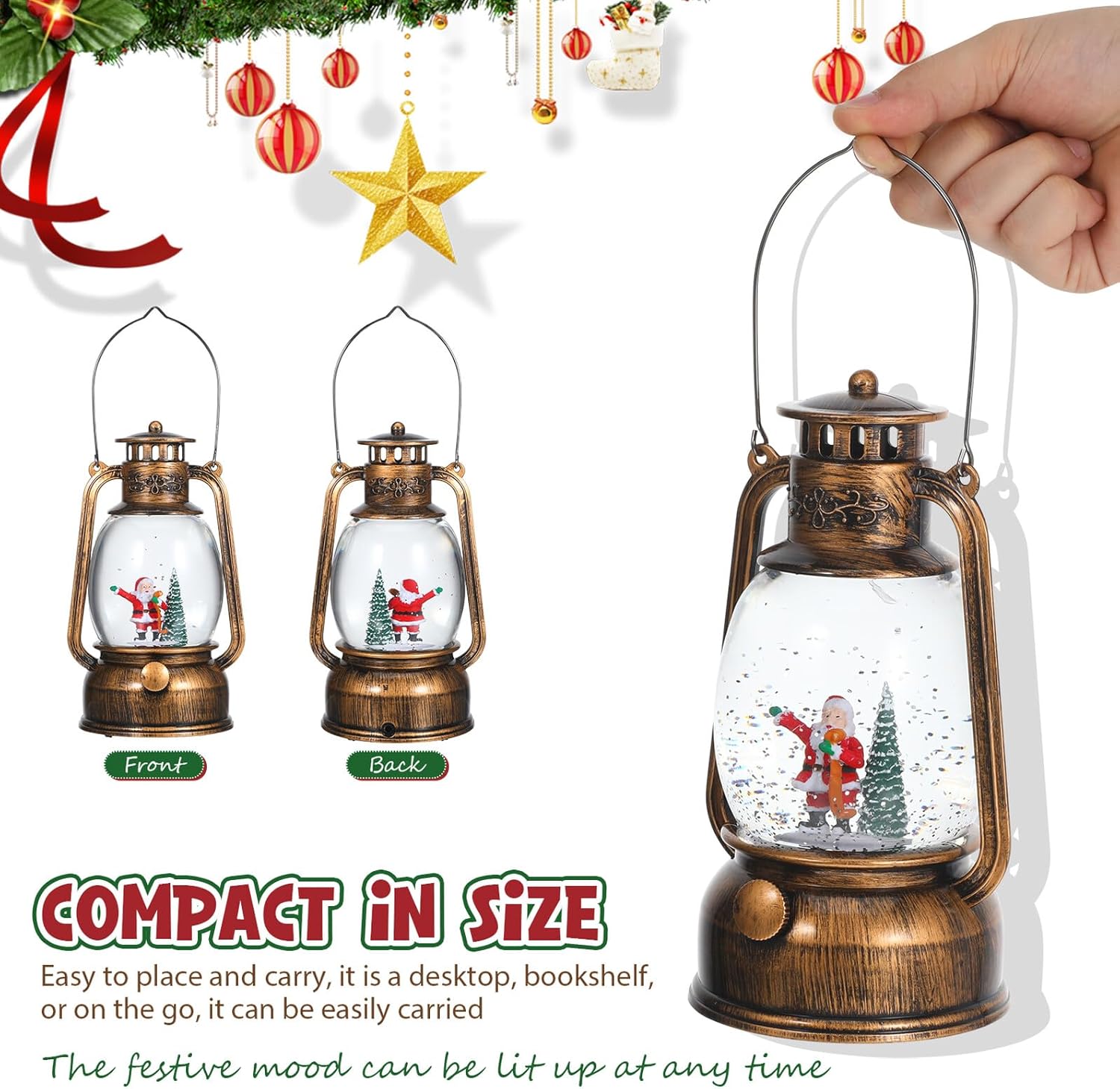 Christmas Musical Snow Globe Lantern with Santa and Lighted Glitter Water Globe, USB and Battery Operated Holiday Decoration for Indoor Christmas Table Centerpiece