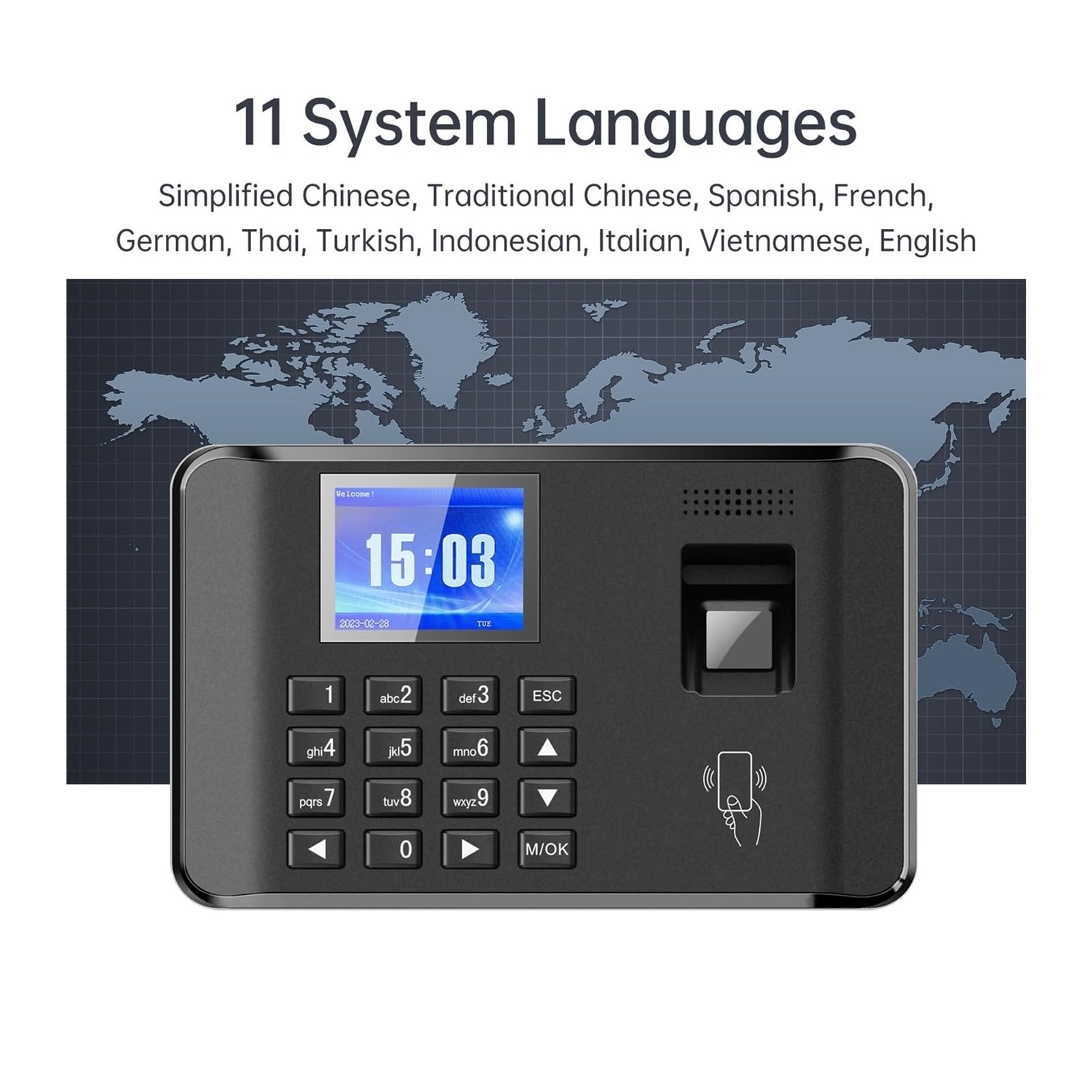 Pointeuse Horaire Machine de pointage biométrique Intelligente avec Empreintes digitales et Mot de Passe, Horloge de pointage, enregistreur d'enregistrement des employés, écran LCD, Invite vocale