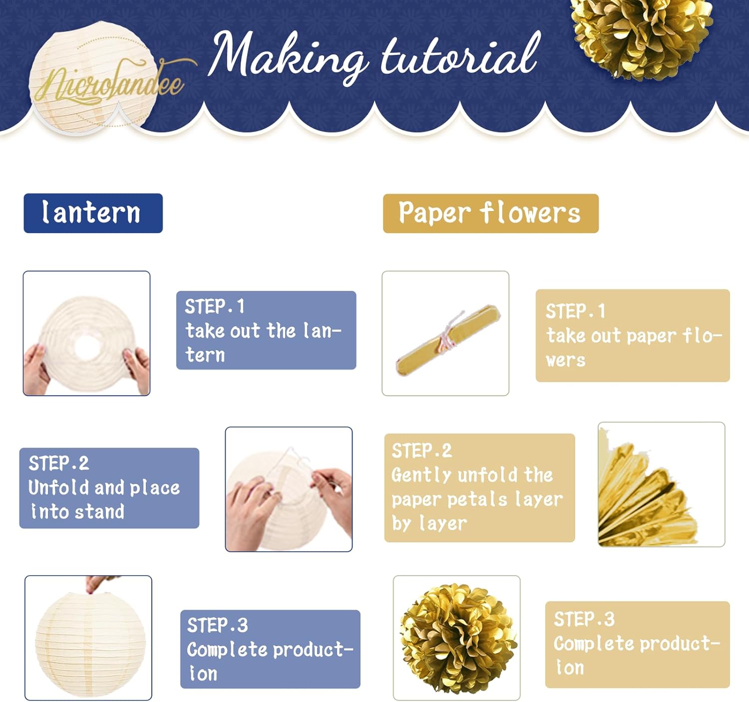 NICROLANDEE Navy Blue and Gold Decorations, 12PCS Hanging Paper Lanterns Tissue Pom Poms Decor for Graduation Party, Winter Wedding, Mens Birthday, Memorial Day Decorations, New Years Party Supplies - Image 3