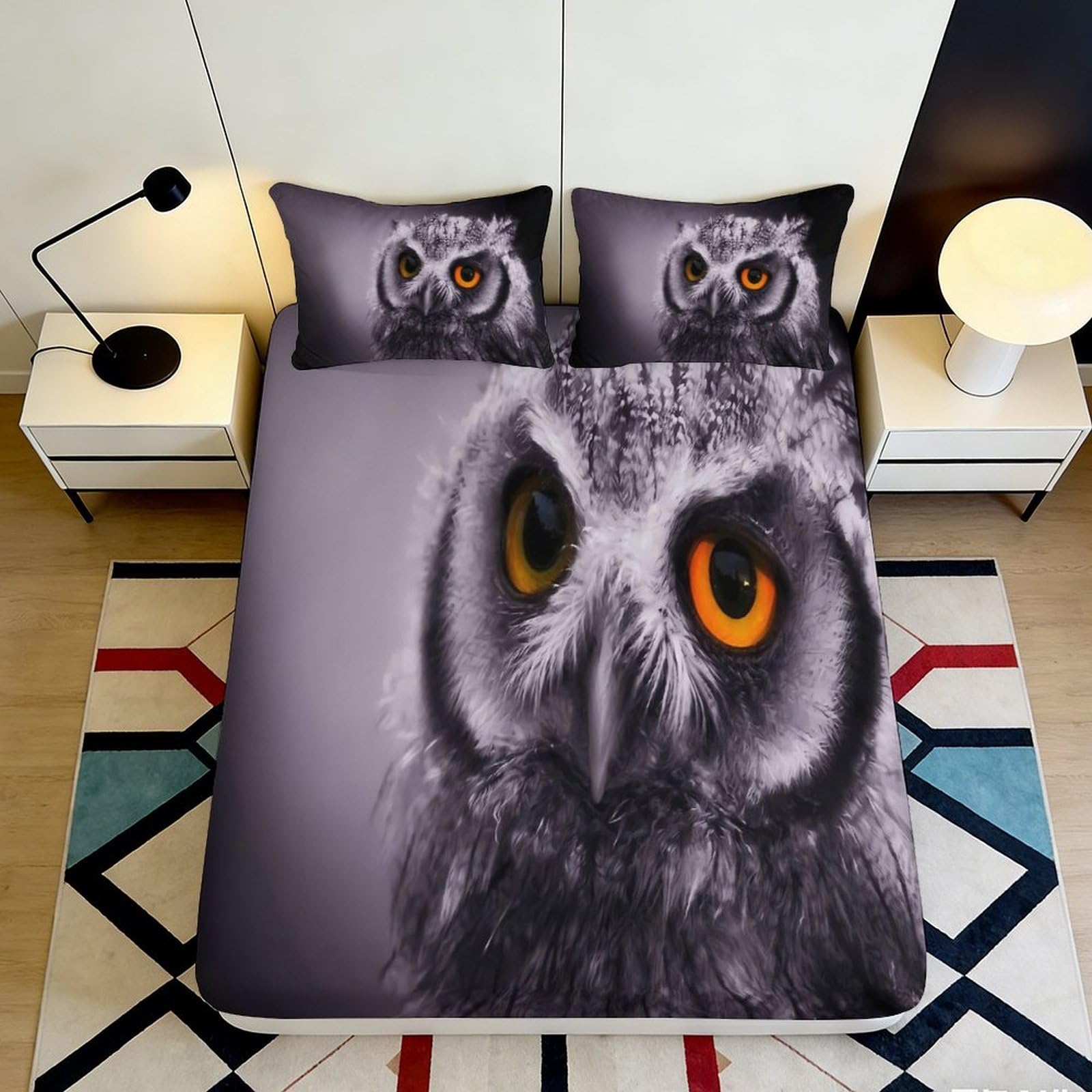 3D Printed Owl Pattern Fitted Sheet Microfiber Durable Soft 3D Printed Large Owl Mattress Cover for Bedroom Dormitory Guest Room Protection 180x200x25cm