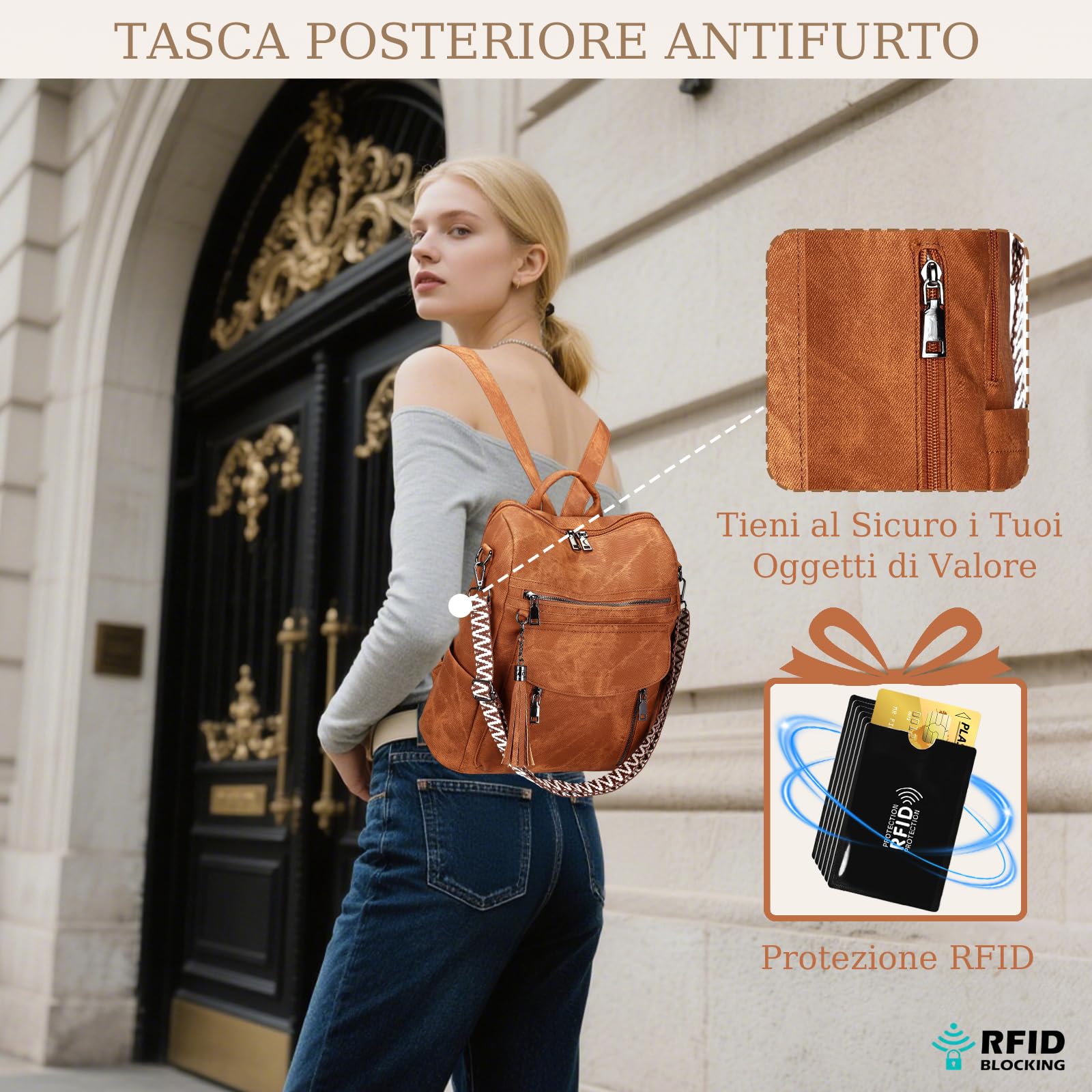 Zaino Donna in Pelle Vegana Impermeabile e Antifurto, Zainetto Elegante per Laptop, per Ufficio, Università e Viaggio