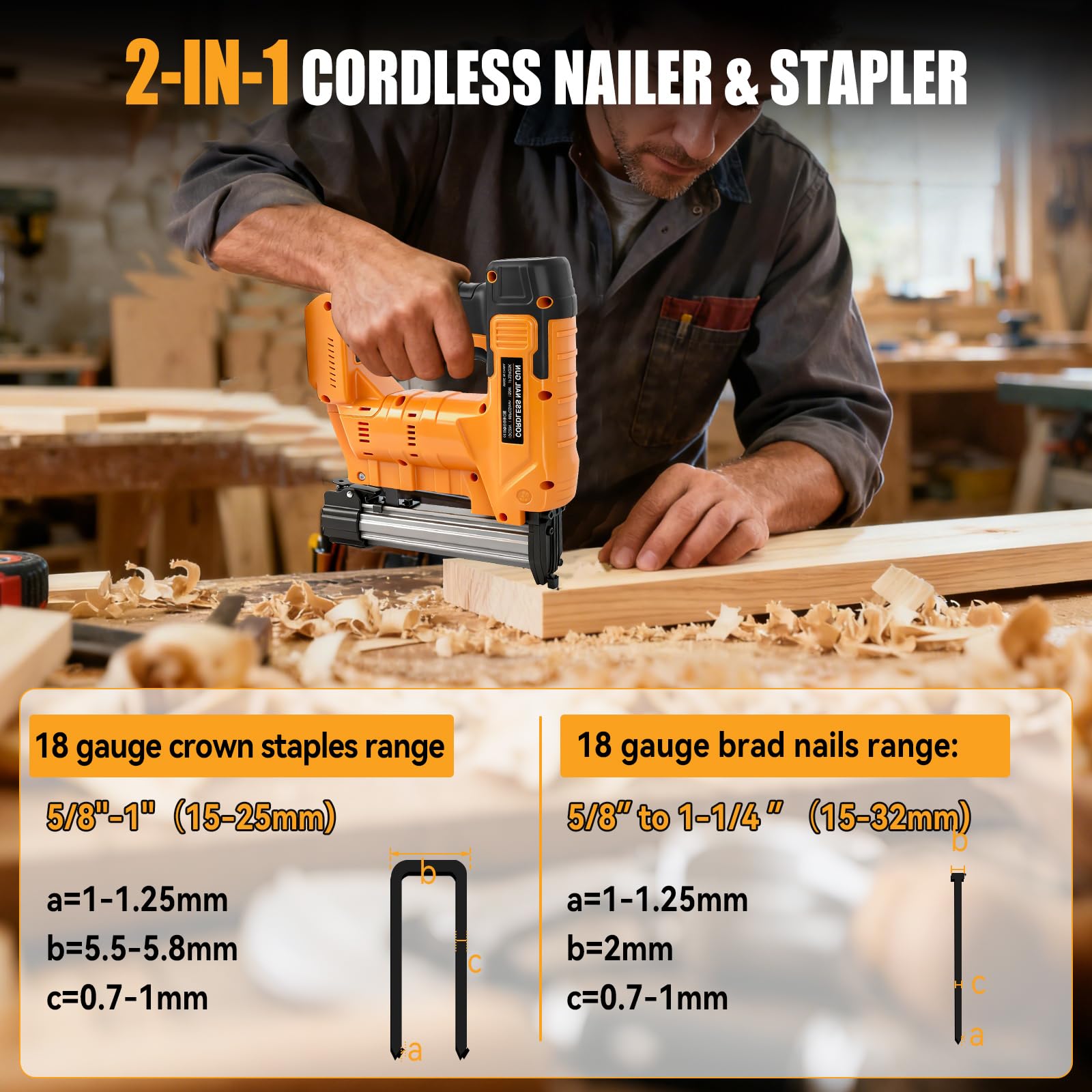 Chiodatrice senza fili da 18 GA per Dewalt 18 V batteria (senza batteria), 2 in 1 senza spazzole, pistola per unghie, pinzatrice, chiodatrice con 1000 chiodi e 1000 punti metallici, per progetti fai