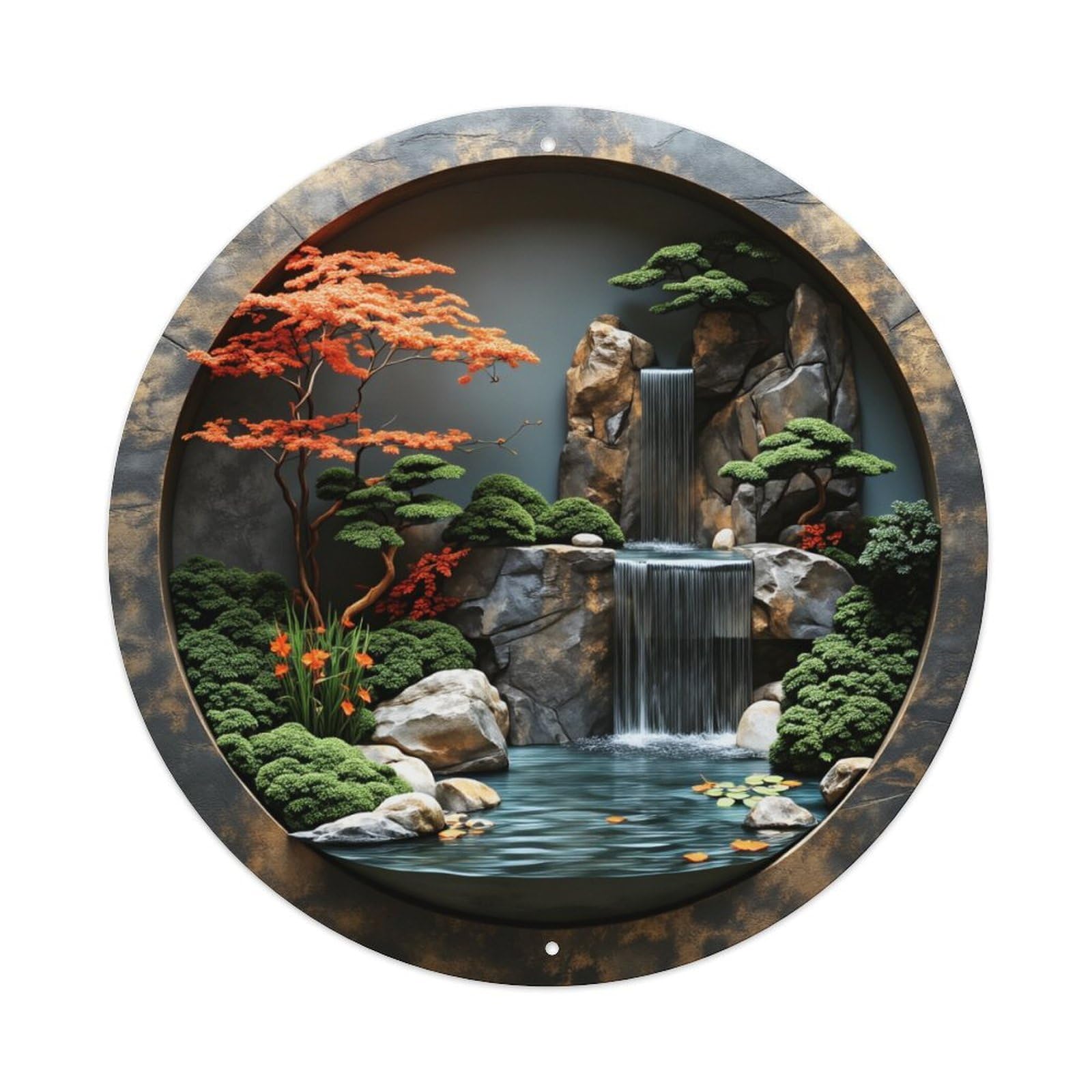 Jdfenggu Vintage Circular Garden Waterfall Scene Art Retro Metal Tin Sign, Metal Poster For Bar, Home, Man Cave, Kitchen, Laundry Room Art Decor 8X8 Inch