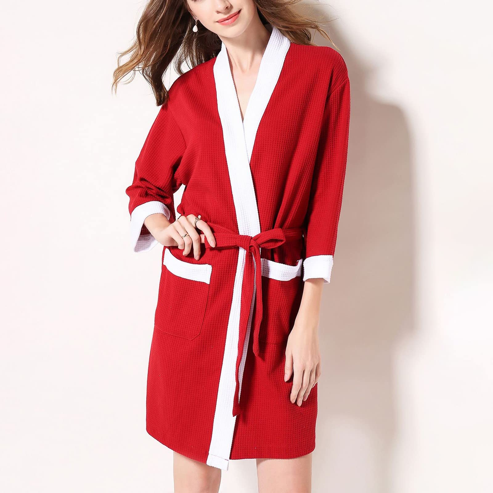 Générique Robe De Chambre Femme Chic Et Elegant Pyjama De Nuit Gaufré Bathrobe Couleur Assembler Albornoz A Nouer Loungewear Douce Confortable Peignoir Peignoir De Bain Femme Long Éponge Coton