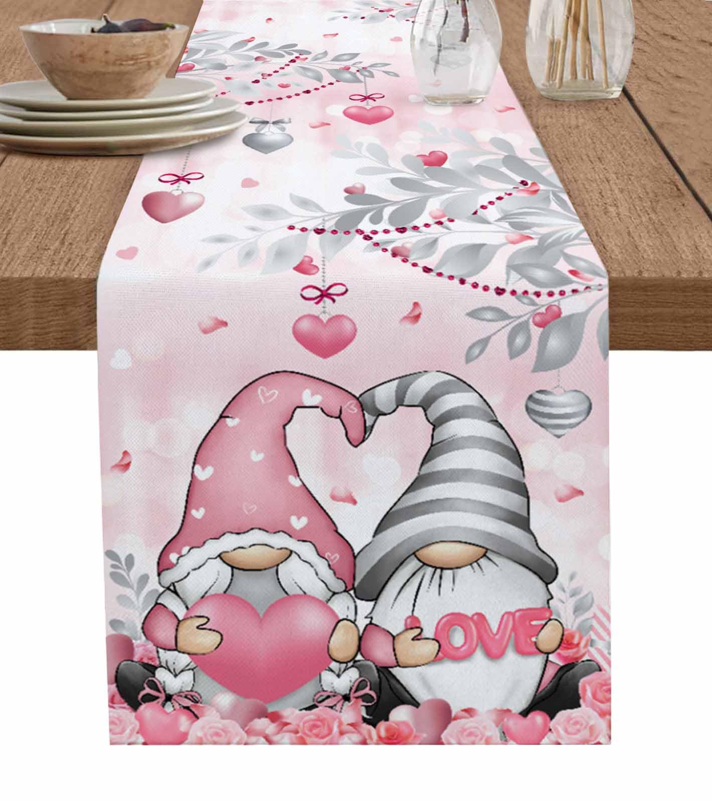 Valentine Table Runner Eucalyptus Leaves Heart Table Runners Pink Gnome Dresser Scarf Kitchen Dining Table Home Decor for Valentines Anniversary Wedding Holiday Party Coffee Home Decor 13x120 Inch