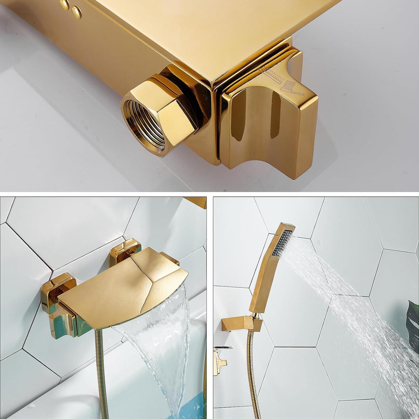 Bateria wannowa z główką prysznicową, bateria wannowa z wodospadem, bateria wannowa, bateria wannowa ścienna, nowoczesny zestaw baterii do wanny łazienkowej,Gold