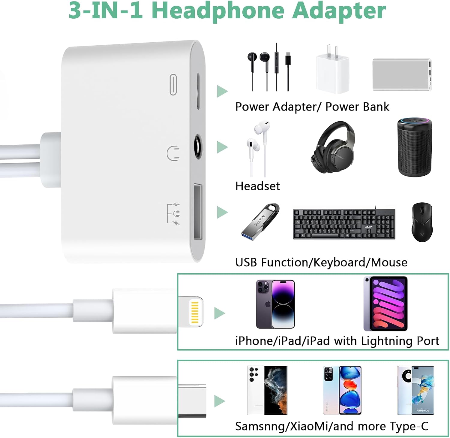 Lightning/USB C to 3.5mm Aux Audio Headphone Splitter Adapter Cable,USB OTG Camera Adapter+3.5mm Jack+Type-C Earphone/Charge Port,Phone Splitter for iPhone 15/14/13,Samsung,iPad