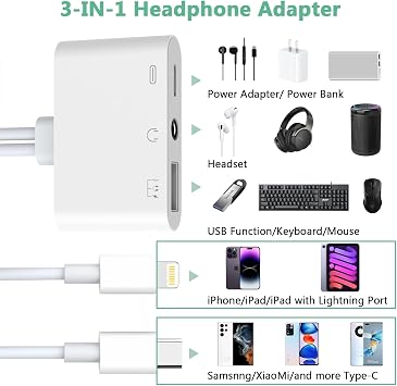 Lightning + USB C to Aux Audio Headphone Jack Adapter,Multi USB OTG Camera Adapter+3.5mm Earphone Jack+Type-C Earphone/Charge Port,Phone Splitter for iPhone 15/14/13,Samsung,iPad,Huawei,Flash Drive