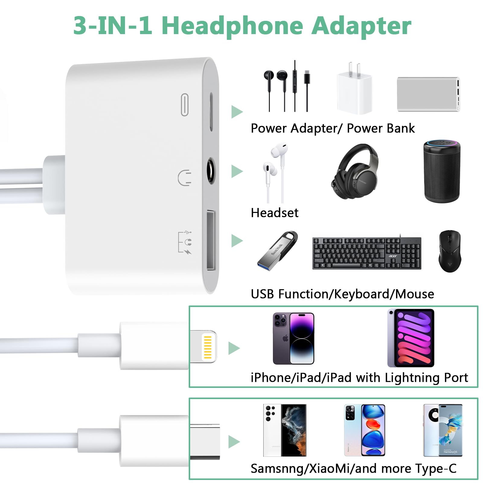 Lightning + USB C to Aux Audio Headphone Jack Adapter,Multi USB OTG Camera Adapter+3.5mm Earphone Jack+Type-C Earphone/Charge Port,Phone Splitter for iPhone 15/14/13,Samsung,iPad,Huawei,Flash Drive