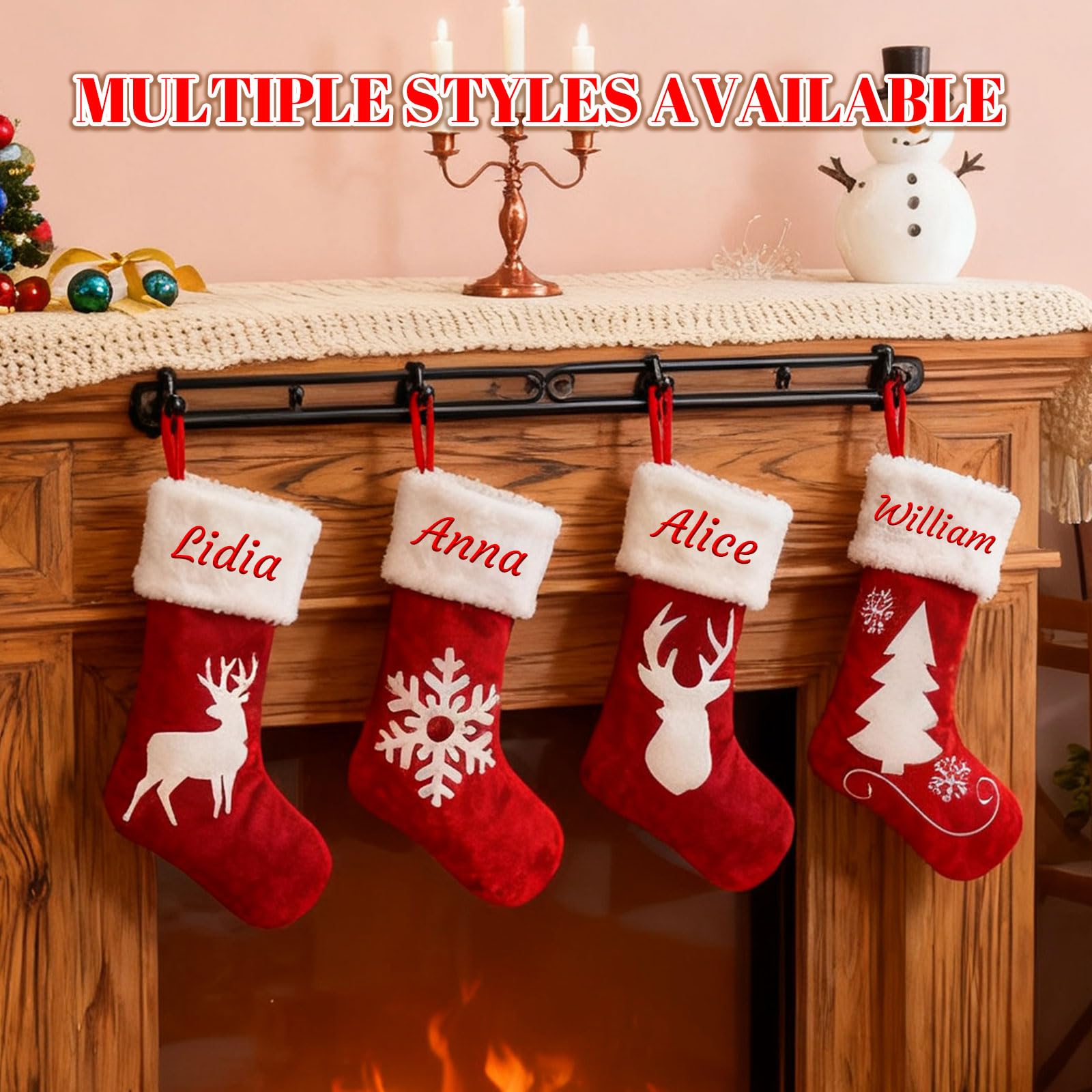 Generisch 4 PCS Personalisiert Weihnachtsstrumpf, Namensstickerei, 44 cm | Roter Samtstoff Nikolausstrumpf mit Weihnachtsmann, Schneemann & Pinguin, Familien-Weihnachtsdeko, 17 Zoll