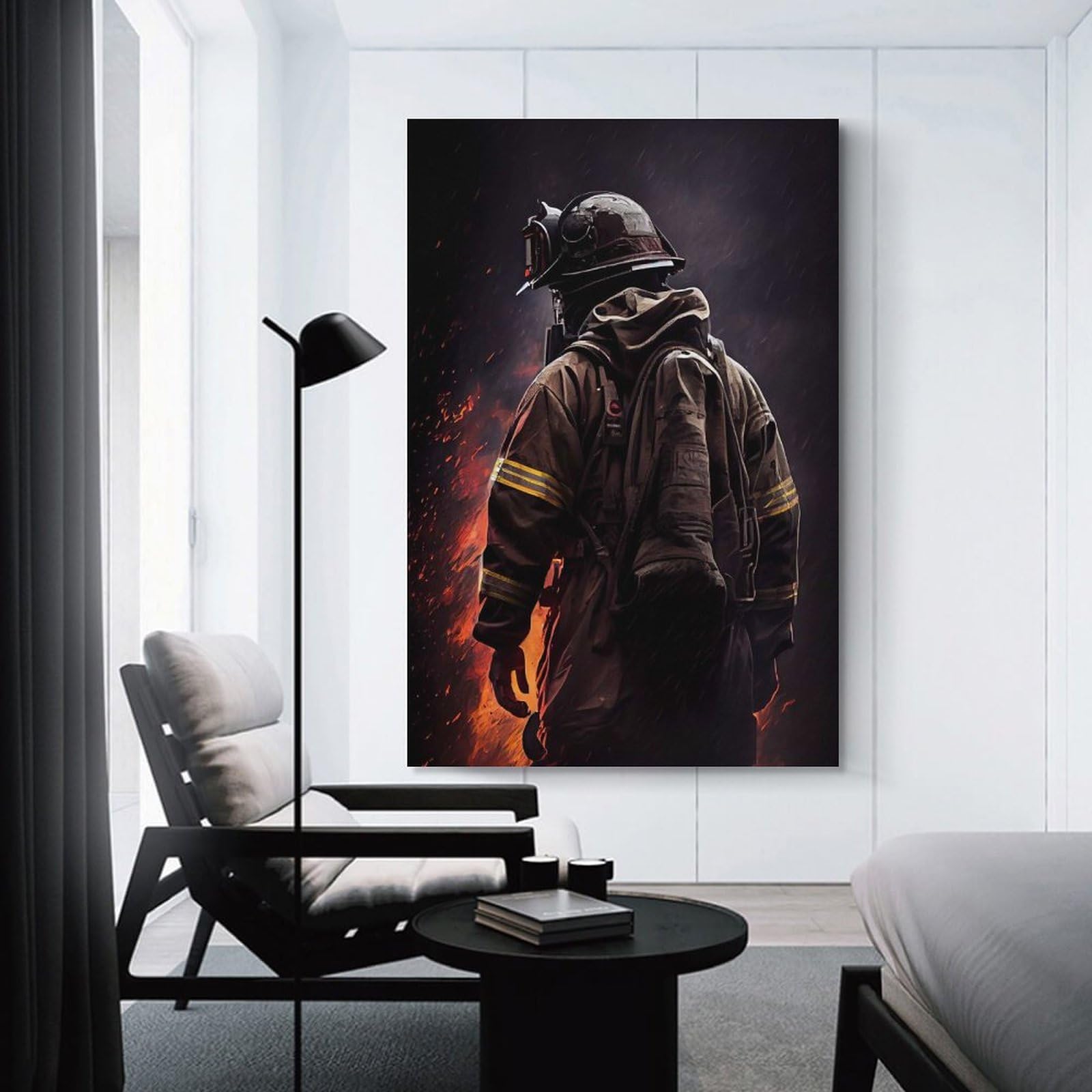 Junmoney Firefighter Black Wall Art Print, 20x30inch(50x75cm), for Corridors, Hallways Or Apartment Entries, Wall Decor to Refresh Empty Corners