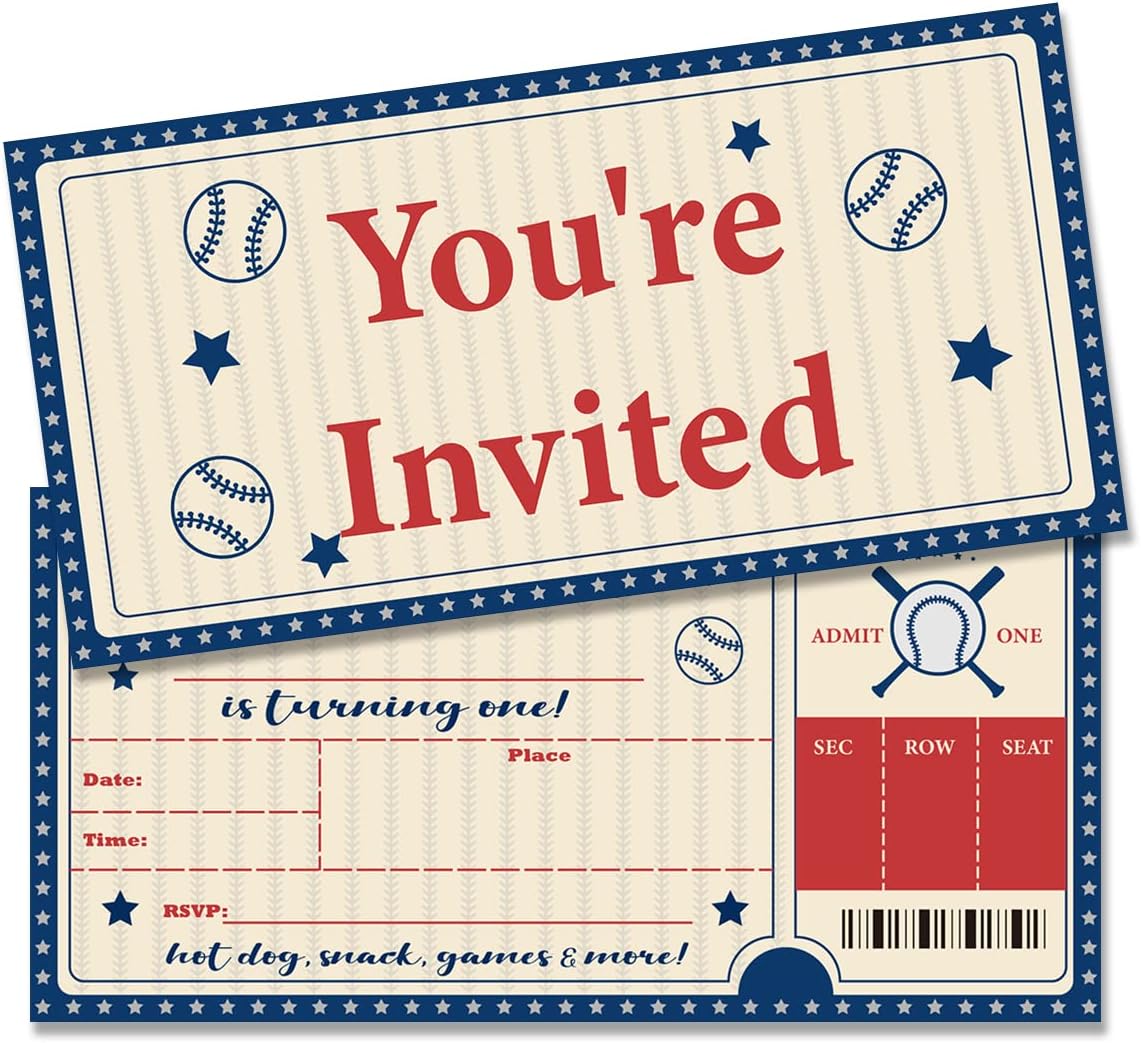 20 Pack Baseball Boy 1st Ticket Invitations with Envelopes Rookie of the Year Theme Fill in Invites Card for First Birthday