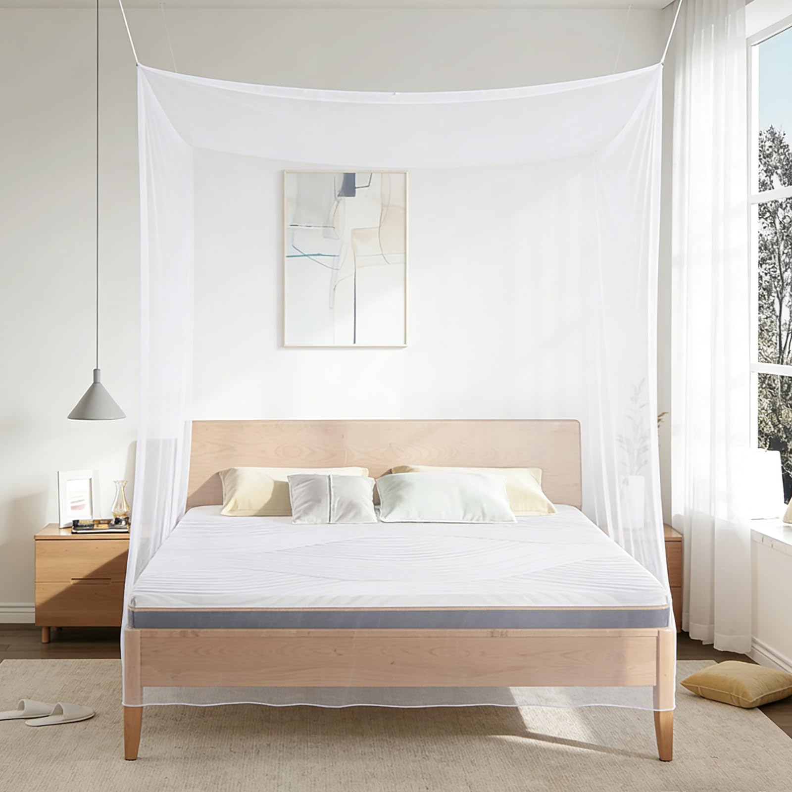 Moustiquaire lit 200x200x220, Moustiquaire pour Lit Double Blanc, Moustiquaire Rectangulaire pour La Maison et Le Voyage