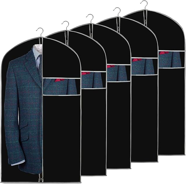 URMI Garment Bags, Breathable 40 inch (5 PCS) Suit Jacket Covers Clothes Bags for Storage with Clear Window Dust Proof Dress Bags Protector for Suit, Coat, Jacket, Dress Closet Storage Black
