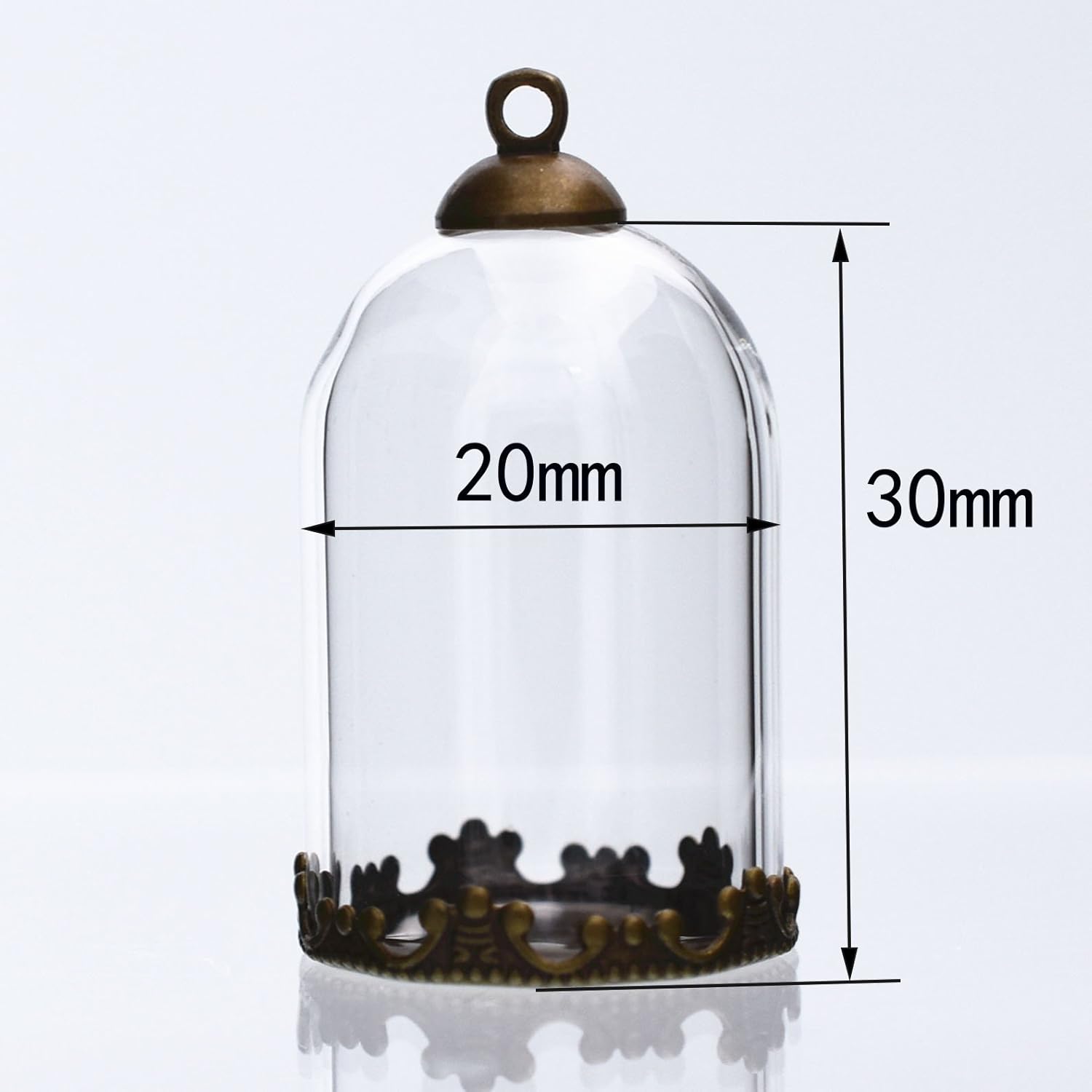 ZenRa 10 Pieces 30x20mm Clear Tube Globe Bottle With Findings, Hollow Glass Dome, Vial Pendant Charms (30x20mm With Bronze Crown Base)