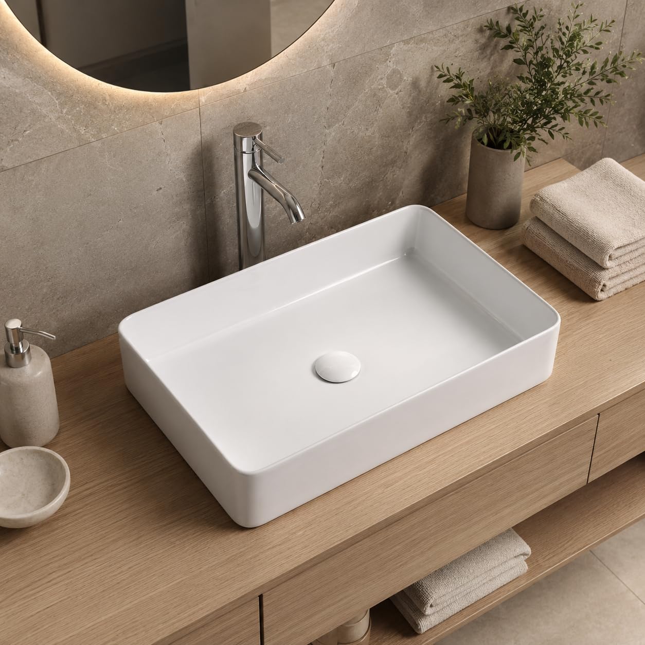 Keramik-Handwaschbecken mit Ablage I großes Waschbecken mit Lotus-Effekt I Handwaschbecken in Weiß I DIN Hahnloch & DIN Abfluss I Aufsatzbecken I Maße: 610 x 410 x 115 mm