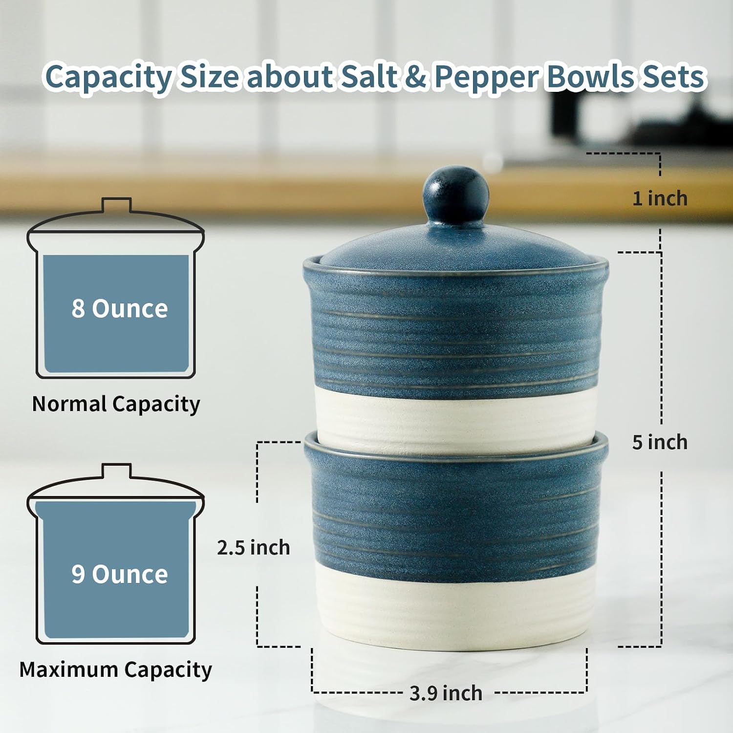 Hasense Salt Cellar Set, Ceramic Salt Box with Lid, 9 oz Stacked Salt Pepper Container for Countertop, Small Spice Bowls for Salt Pepper Sugar, Christmas Gift Ideas, Set of 2, Deep Blue