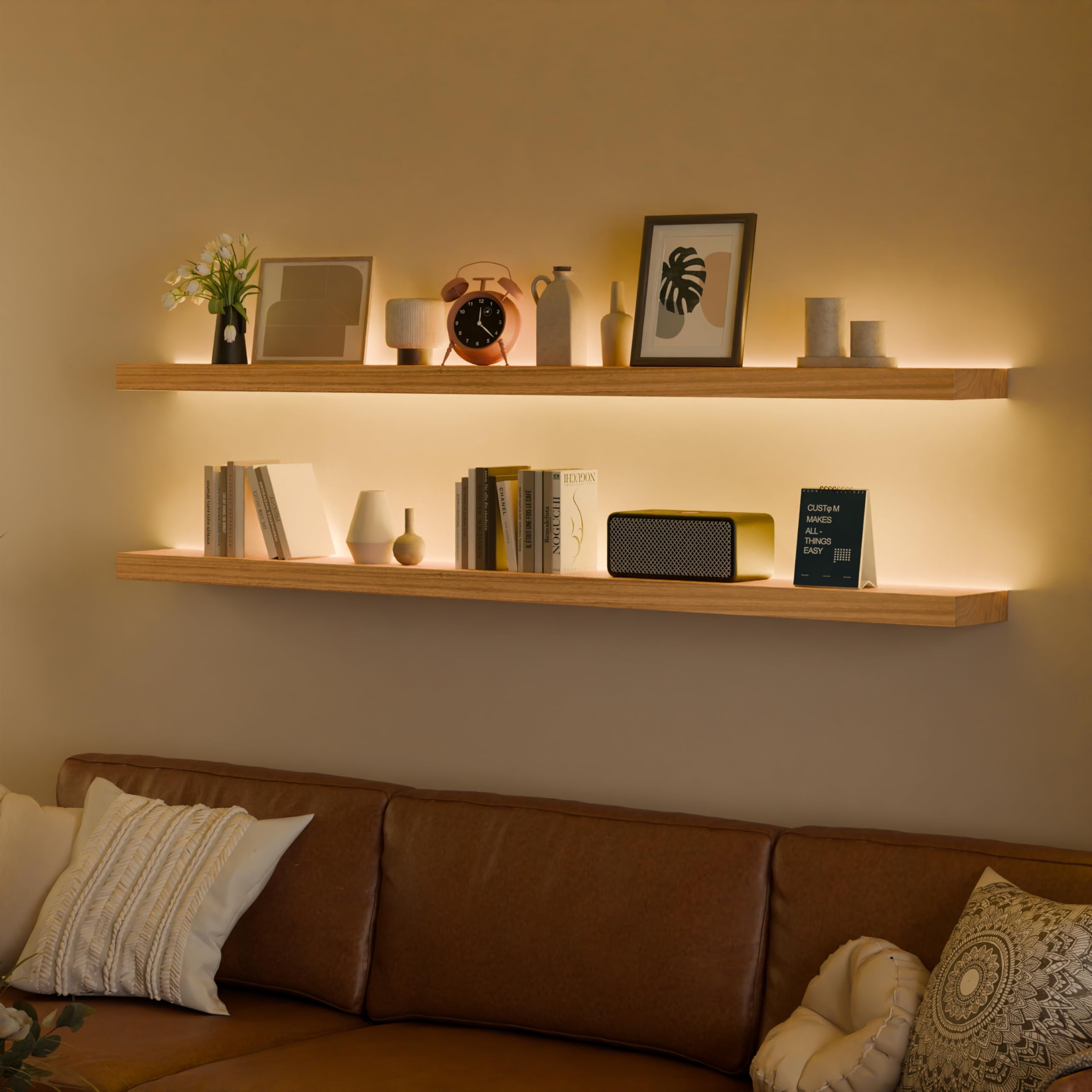 60 inch led gaming floating shelves for wall,solid wood long wall shelves set of 2 with light for gaming room,natural rustic wall mounted shelves for living room bedroom kitchen garage