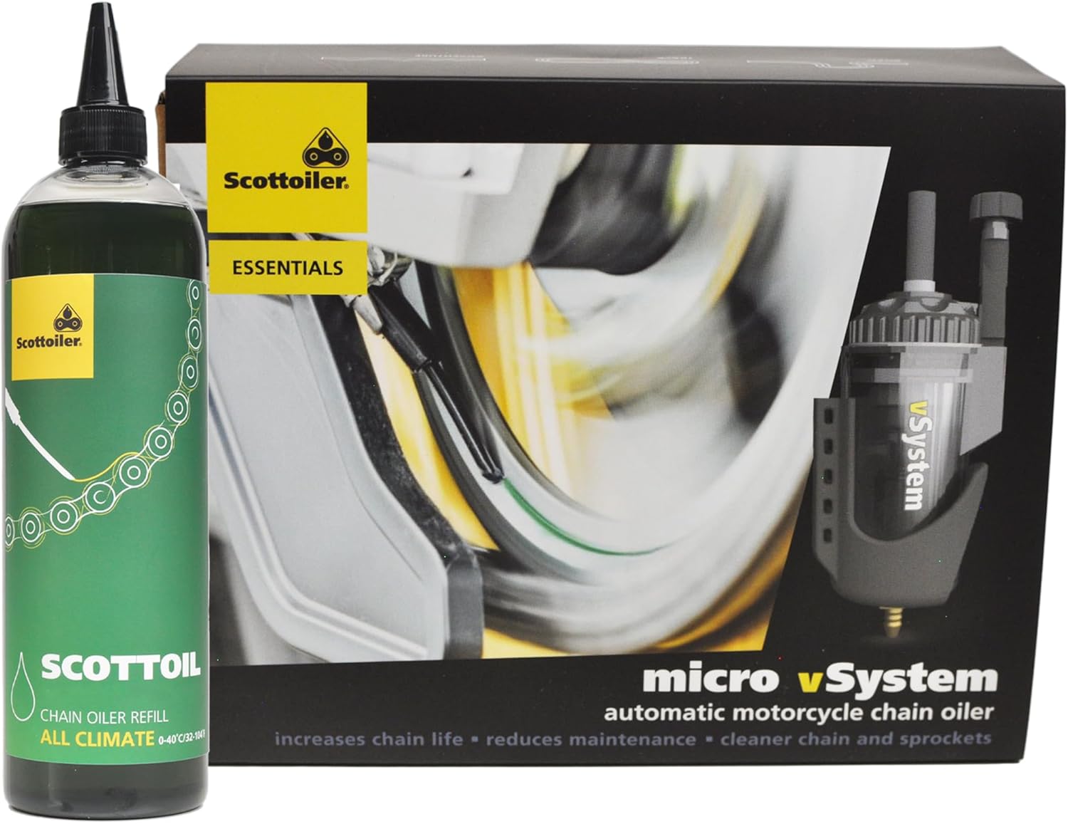 Scottoiler Essentials - Micro-vSystem - Automatic Motorcycle Chain Oiler and 16.9 US fl.oz. All Climate Biodegradable Green Scottoil Refill - Starter Kit Bundle…