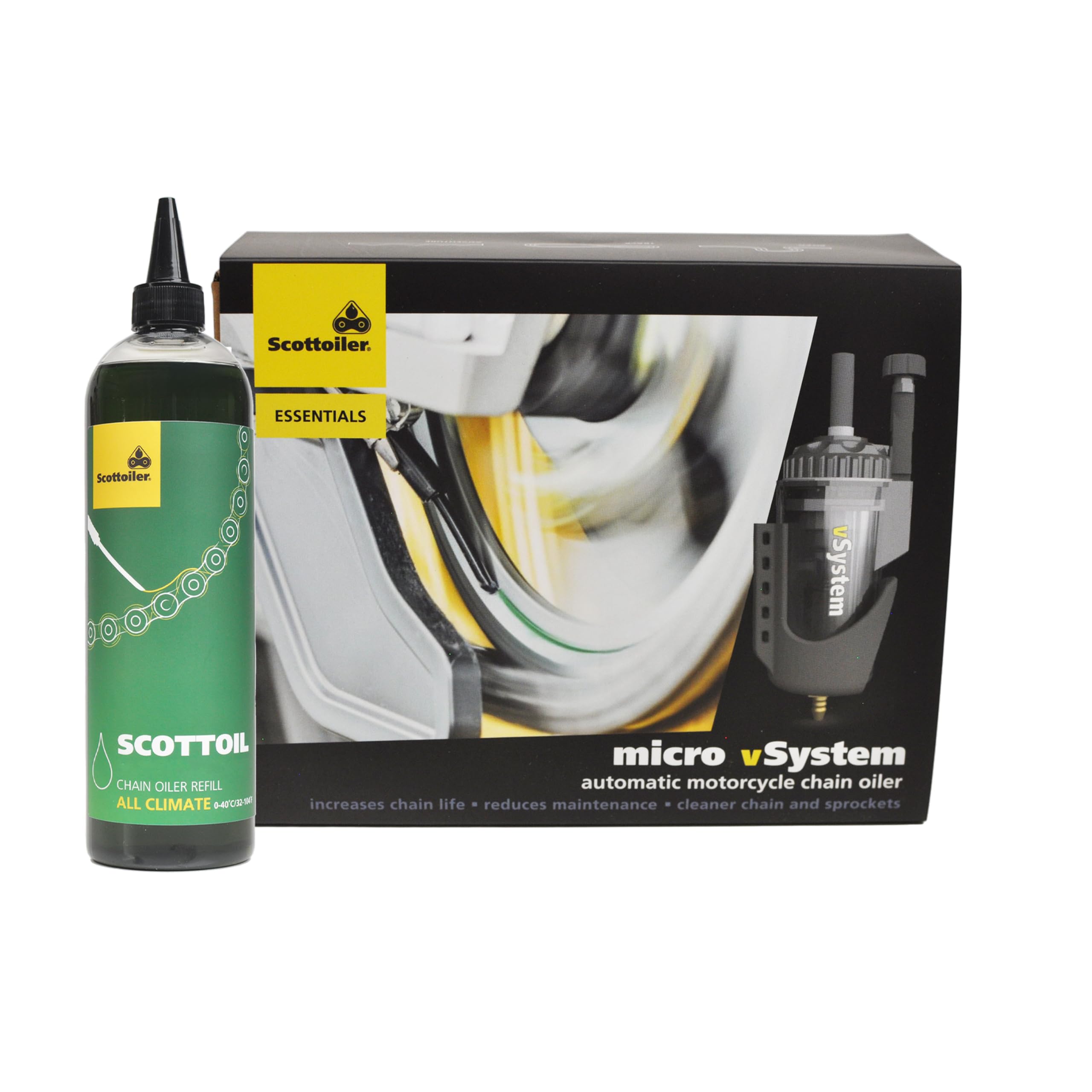 Scottoiler Essentials - Micro-vSystem - Automatischer Motorrad-Kettenöler und 500ml All Climate biologisch abbaubares Grünes Scottoil Nachfüllpackung - Starter Kit Bundle…